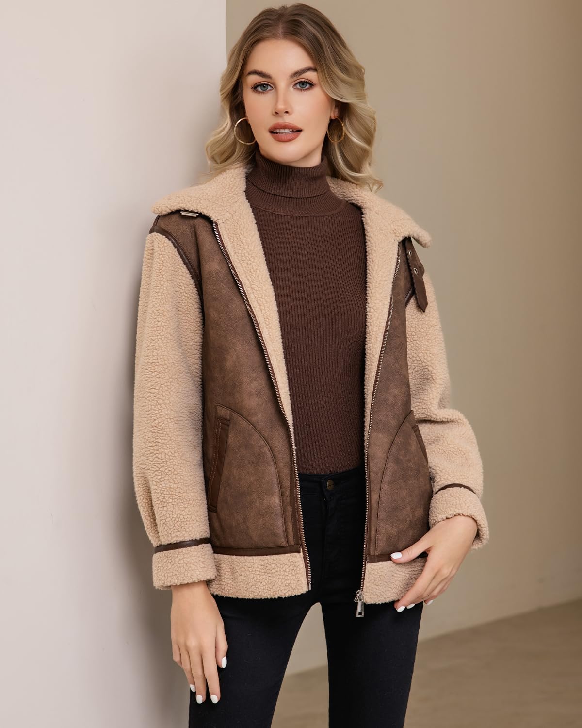 Women Faux Shearing Jacket Patchwork Fur Lined Leather Coat Moto Biker Outwear - Image 6