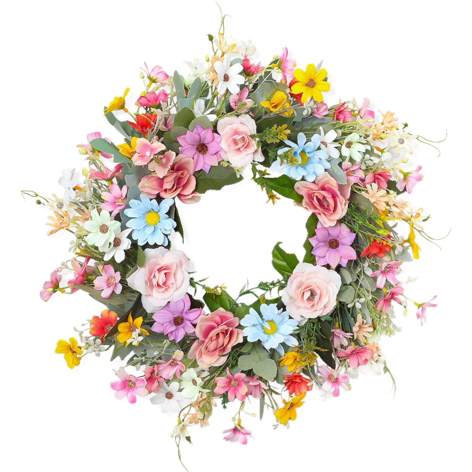 Daisy Wreath,Colorful Vivid & Lifelike Spring/Summer Wreath,Artificial Flowers Wreath,with Green Leaves,for Front Door, Wall, Window,Wedding