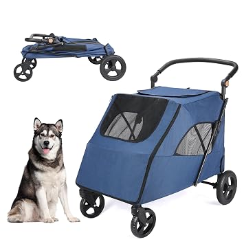 Dog Stroller Pet 75lbs, Foldable Cart with Four 360 Wheels, Mesh Skylight Pet Stroller for Large Dogs and Other Pet Travel, Storage Space Pet Can Easily Walking in/Out Navy-C, 4 Wheels