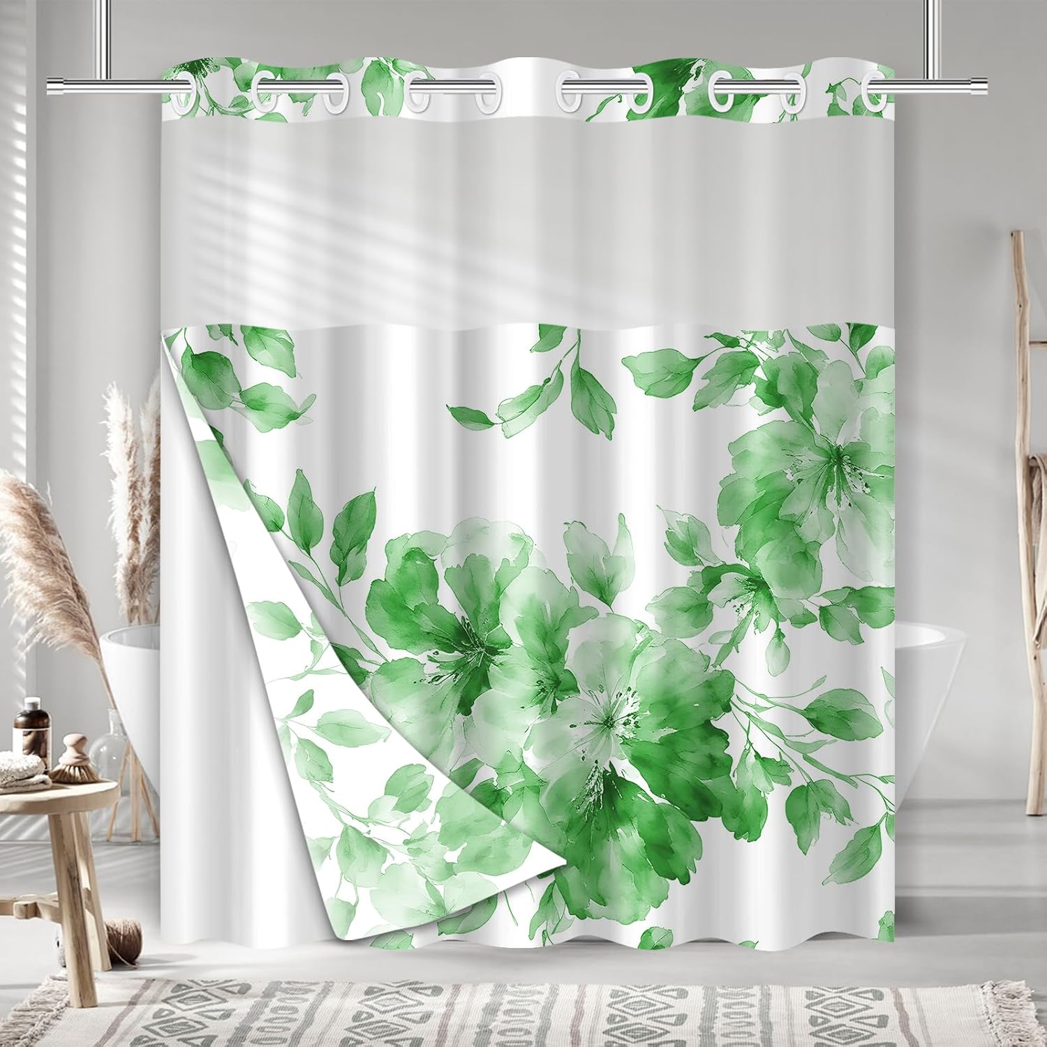 No Hook Shower Curtain with Snap in Liner,Floral Shower Curtain Fabric Waterproof Inner Liner Modern Abstract Green Flower Bathroom Shower Curtain Set Machine Washable 71x74in