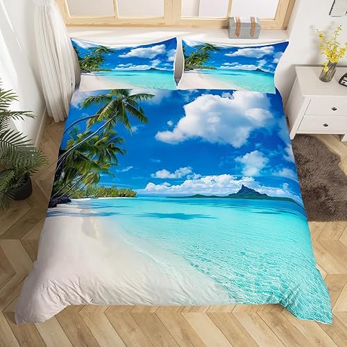 Funda de edredón para cama de playa con diseño de nubes, diseño hawaiano de olas de palmera, isla tropical y playa de mar, naturaleza, con estampado