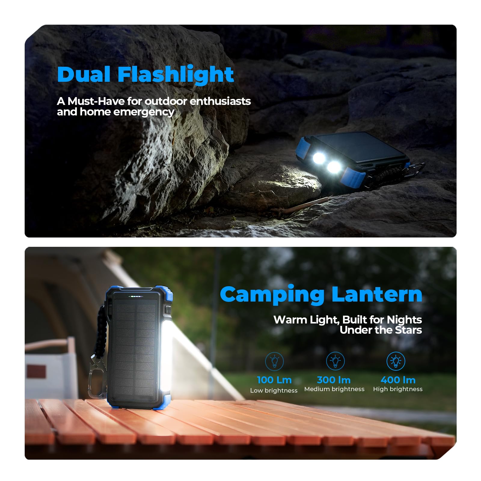 BLAVOR Solar Power Bank 20000mAh mit Kable, 20W Schnellladung Solar Ladegerät USB C Externer Akku Portable Charger mit Taschenlampen und Karabiner für alle Handy, Wireless Ladegerät für Apple Watch