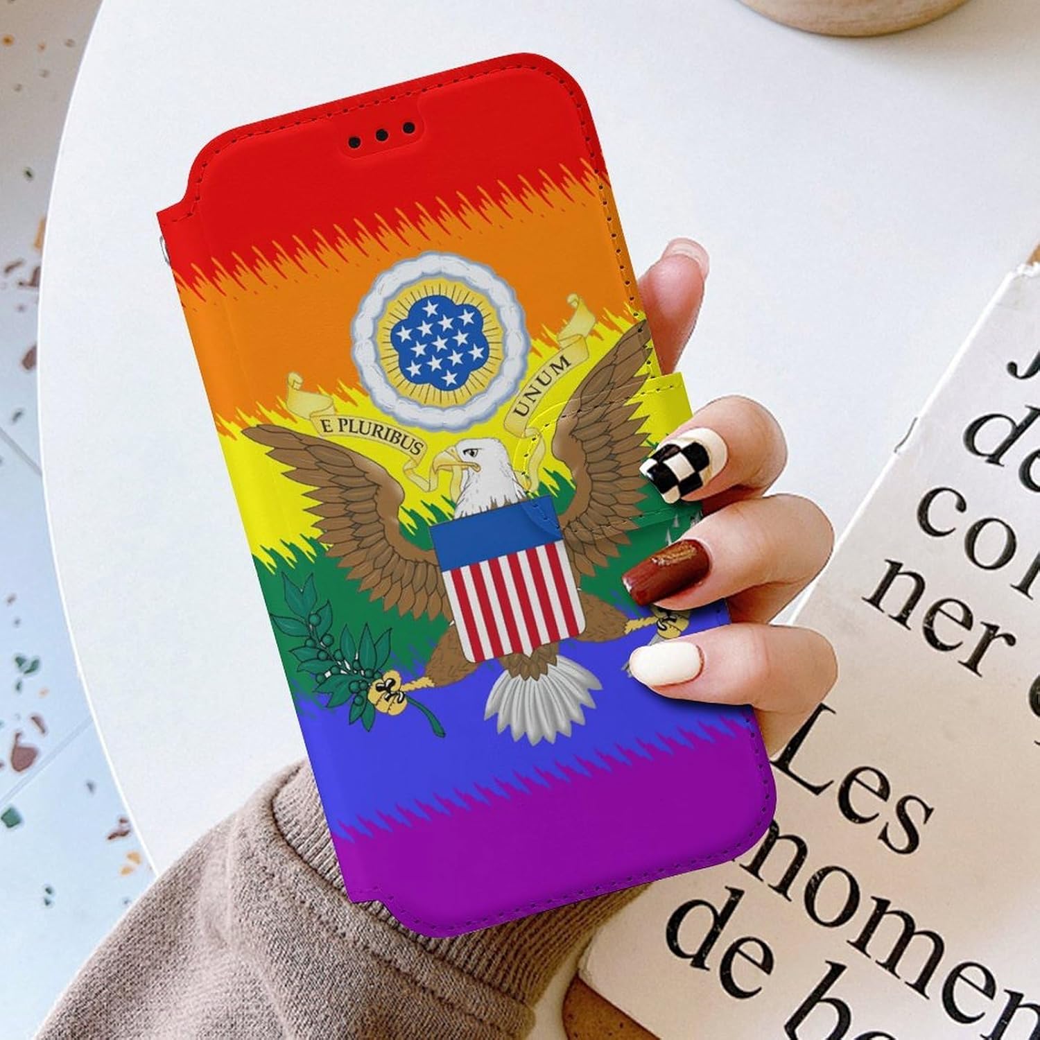 LGBT Flag United States Emblem Compatible with iPhone 16/16 Plus/16 Pro/16 Pro Max/16 E Case Phone Wallet Card Holder Flip Cover with Wrist Strap