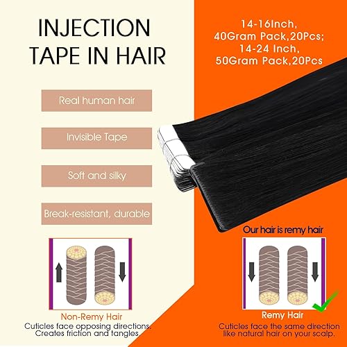 Miniatura 4 de Full Shine - Extensiones de cabello humano virgen inyectadas en cinta adhesiva con trama de piel sin costuras, color 1 (negro azabache), cabello