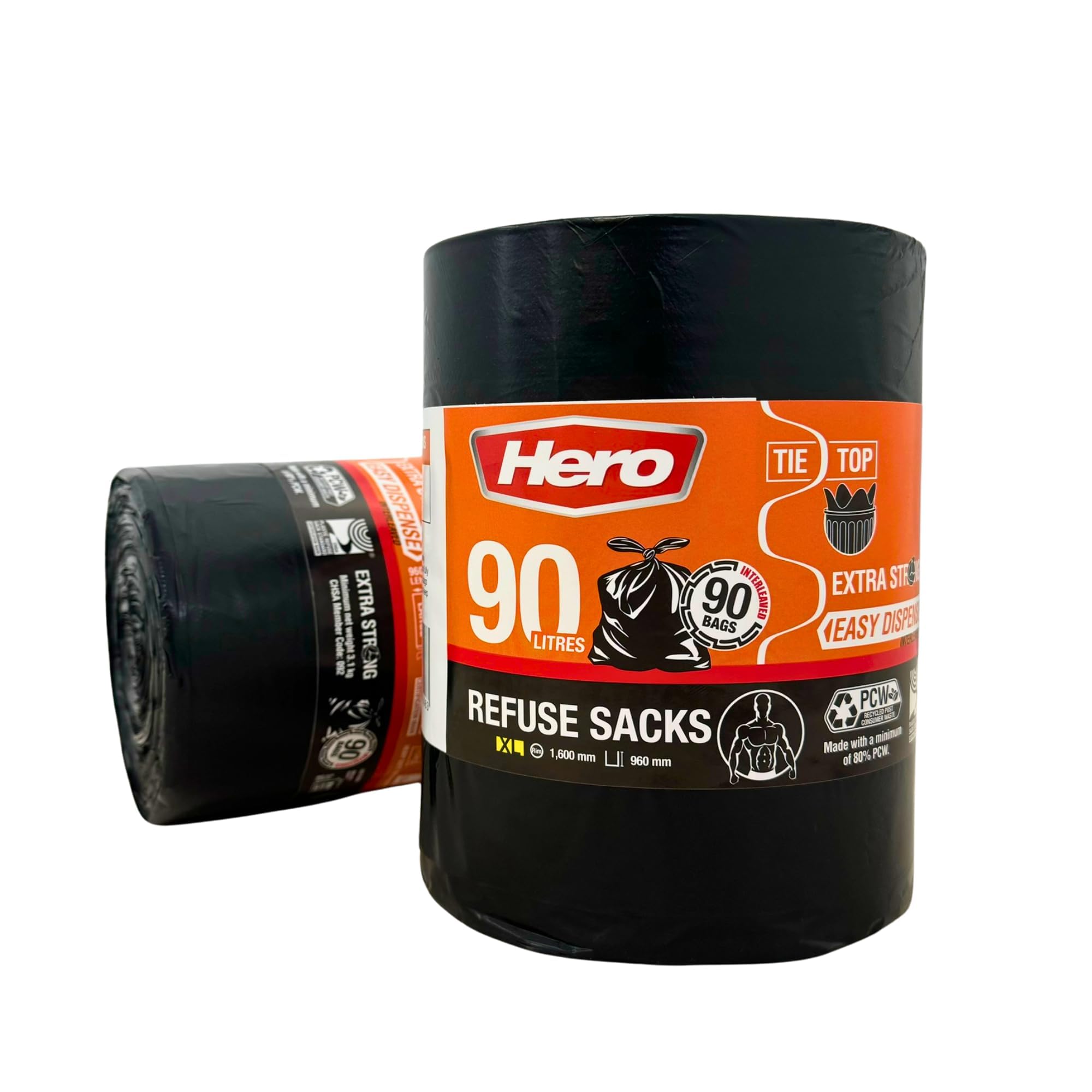 Hero Bolsas de basura extrafuertes, bolsas de basura negras, con parte superior de corbata, 90 litros, paquete de 90 unidades
