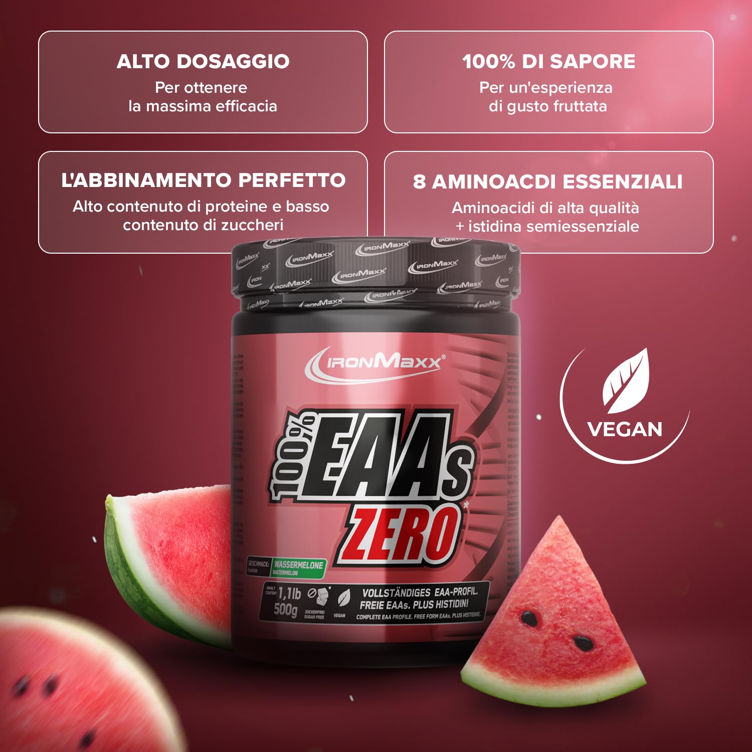 IronMaxx 100% Percento EAAs ZERO Aminoacidi in polvere- integratore a base degli 8 aminoacidi essenziali con alto contenuto di BCAA- vegano- senza zuccheri- gusto: anguria- alta dose- 500g