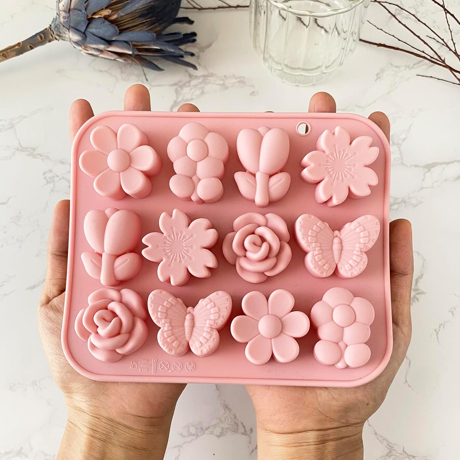 2Pcs Flower Chocolate Molds Silicone RoseTulip Flower Candy Molds Bow Tie Butterfly Jello Ice Pudding Soap Mold for Desserts Making (Pink)