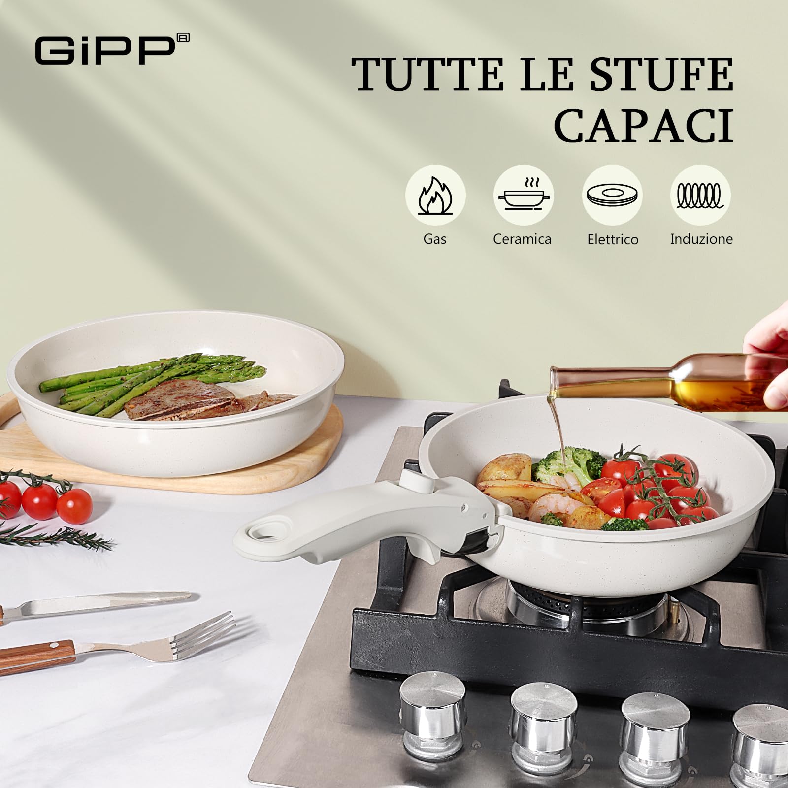 GiPP Set di Pentole e Padelle Ceramiche Antiaderenti 5 Pezzi con Manico Amovibile - Cucina Sana per Camper, Senza Tossine, Compatibile Induzione Forno Lavastoviglie
