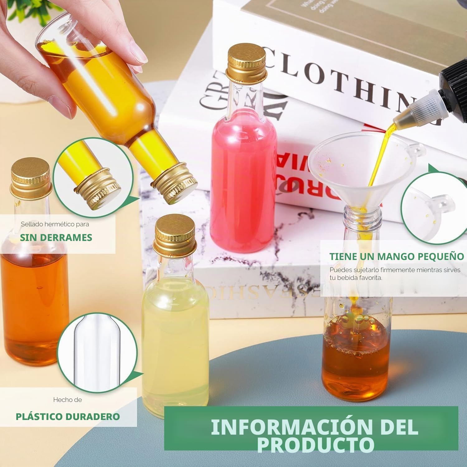 Mini Botellas Licor 50 ML con Tapón Rosca Negro 2 Embudos 24 Piezas