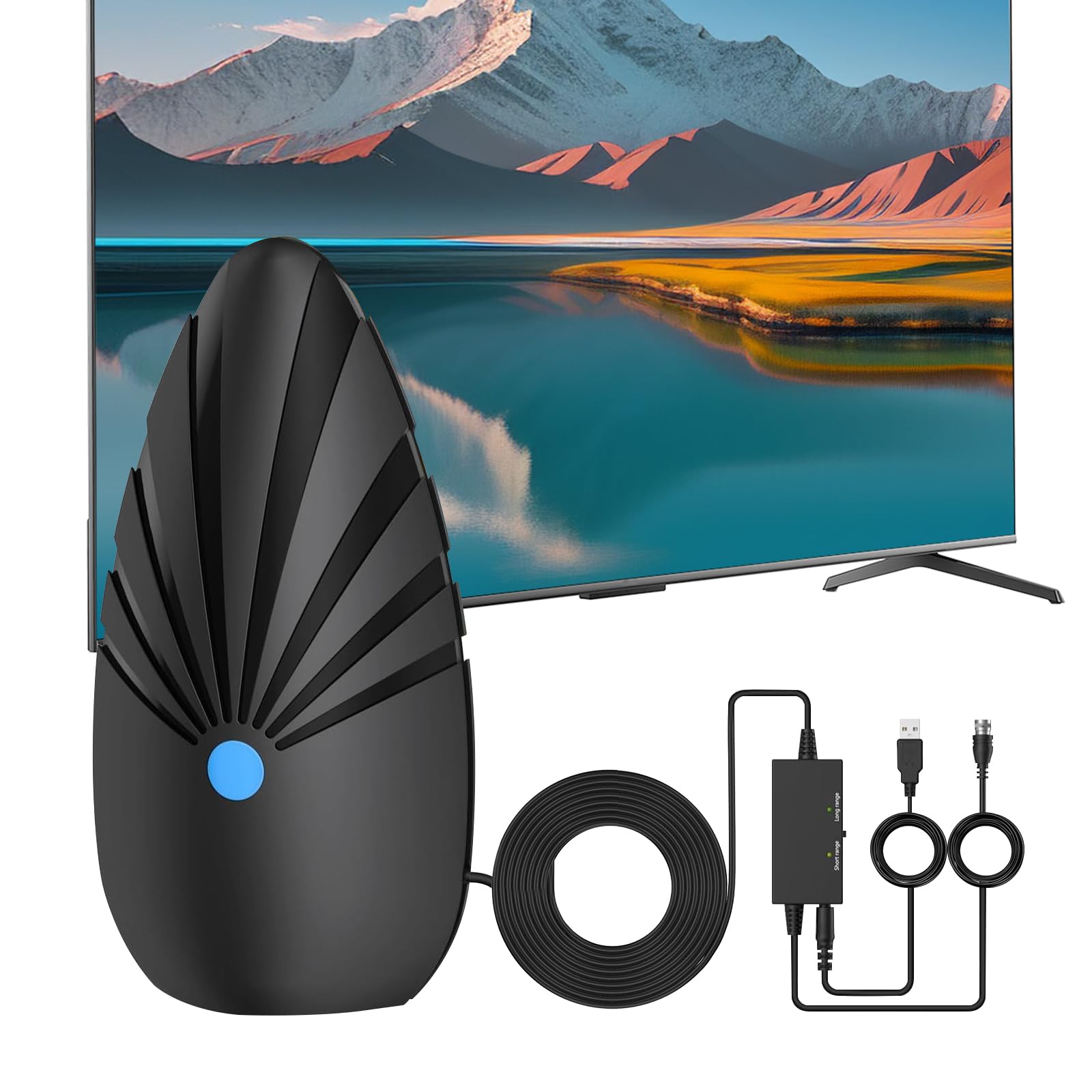 Antenna TV Interna DVB-T/DVB-T2 con Amplificatore (Portata 620+ Km), Antenna Digitale 2025 per 4K 1080p & Tutti i TV, Cavo Coassiale da 10m