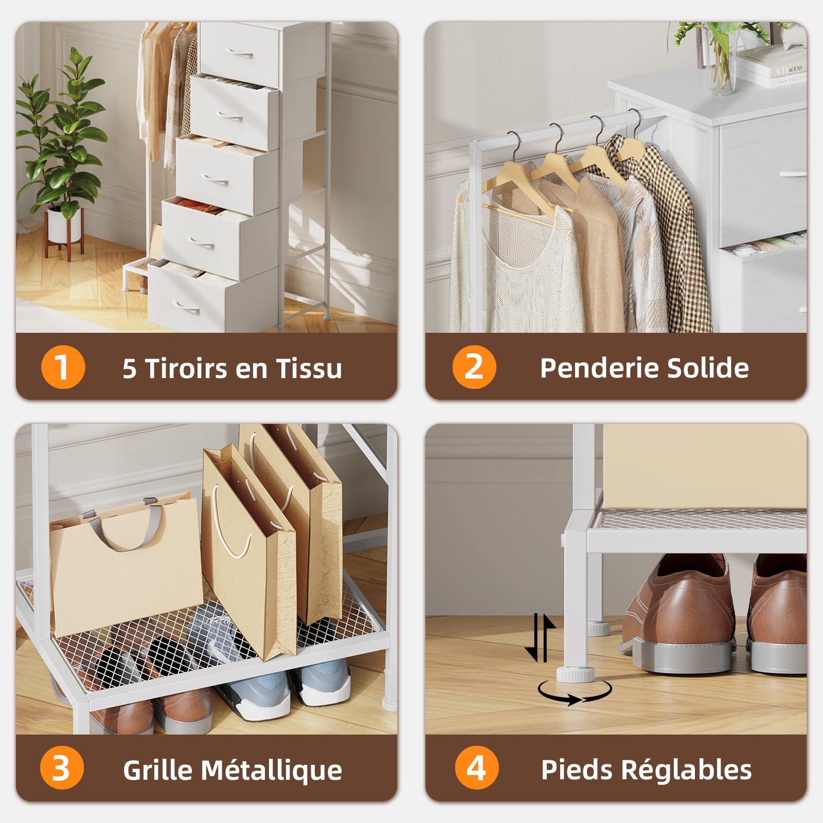 Somdot Commode Chambre avec Penderie, Meuble de Rangement Chambre à 5 Tiroirs en Tissu, Commode pour Salon, Couloir, Entrée, Adult, 30P x 79l x 114,5H, Blanc