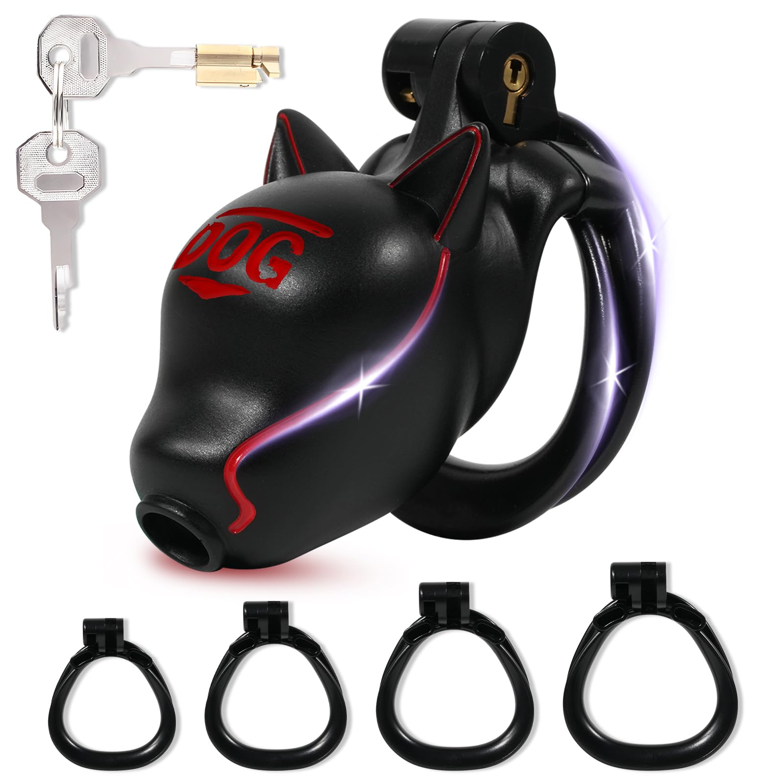 Cage de Chasteté pour Pénis à Tête de Chien Sex Toýs Homme Cage Chastetée avec 4 Anneaux Larges Chastity Cage avec Serrure Cachée et 2 Clés Ceinture de Chasteté pour le Bondage du Pénis (Black,B)