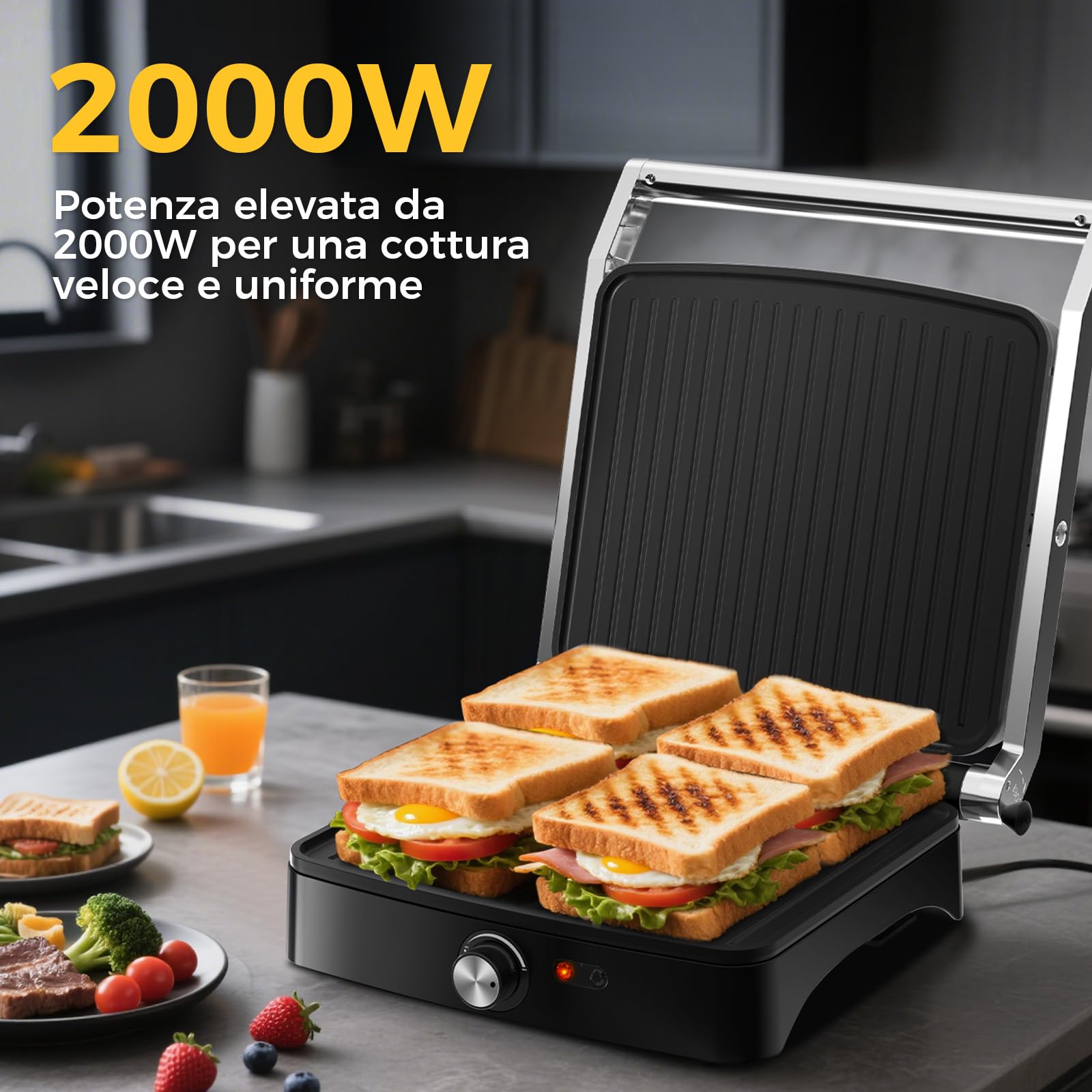 YASHE Piastra Panini 2000W, Tostiera 4 Fette, Griglia Elettrica Apribile 180°, Temperatura Regolabile, Piastre Antiaderenti Non Removibili, Manico Termoisolato