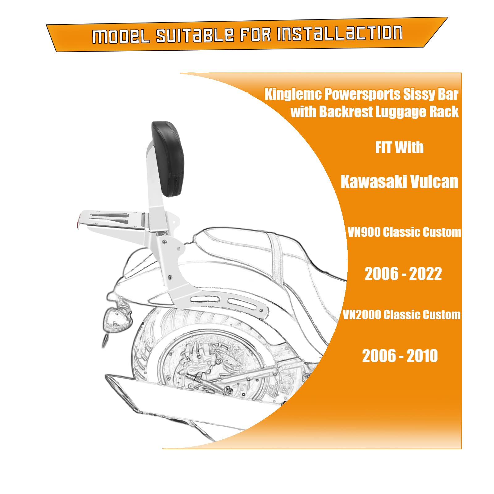 Kinglemc Powersports Sissy Bar con Schienale Portapacchi per Kawasaki Vulcan VN 900 2000 Classic Custom 09-21 (Argento)