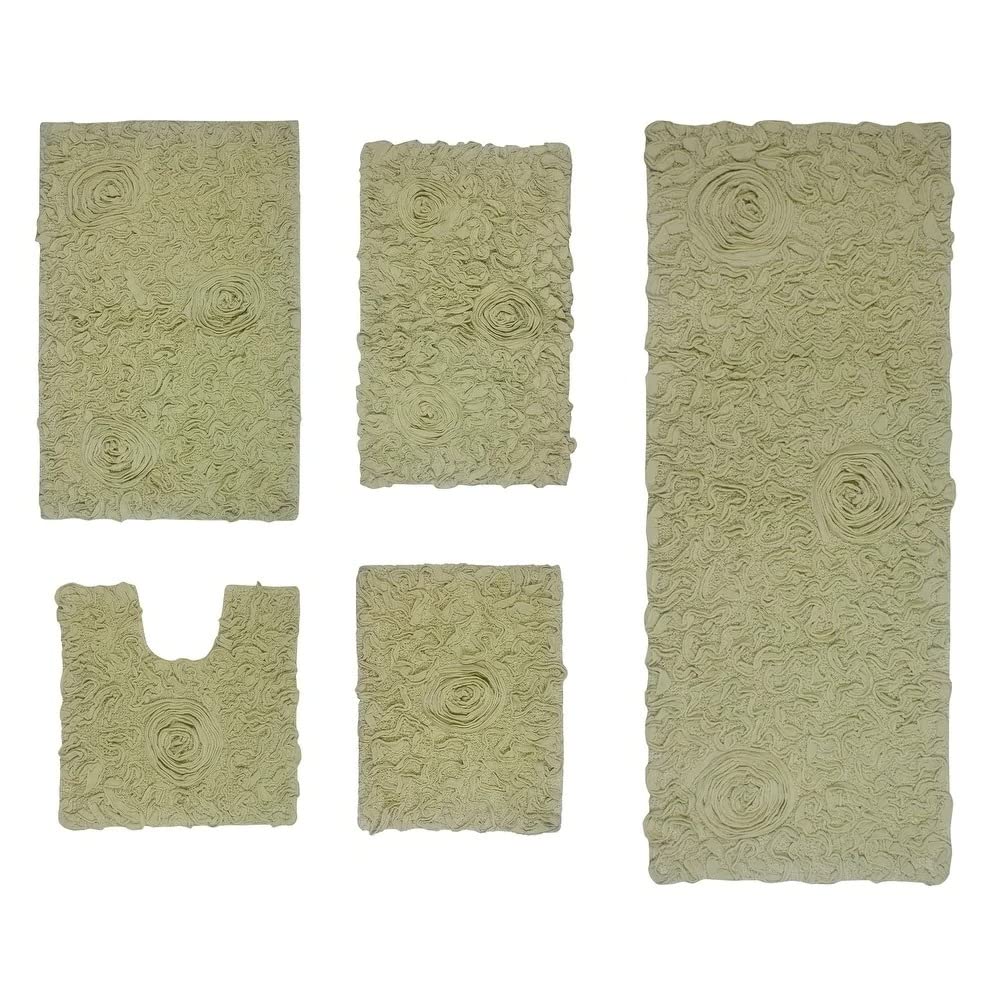 Functional Durable Sage Green Cotton Bathroom Rugs Sets 5 Piece with Pretty Floral Tufted Pattern On Solid Background