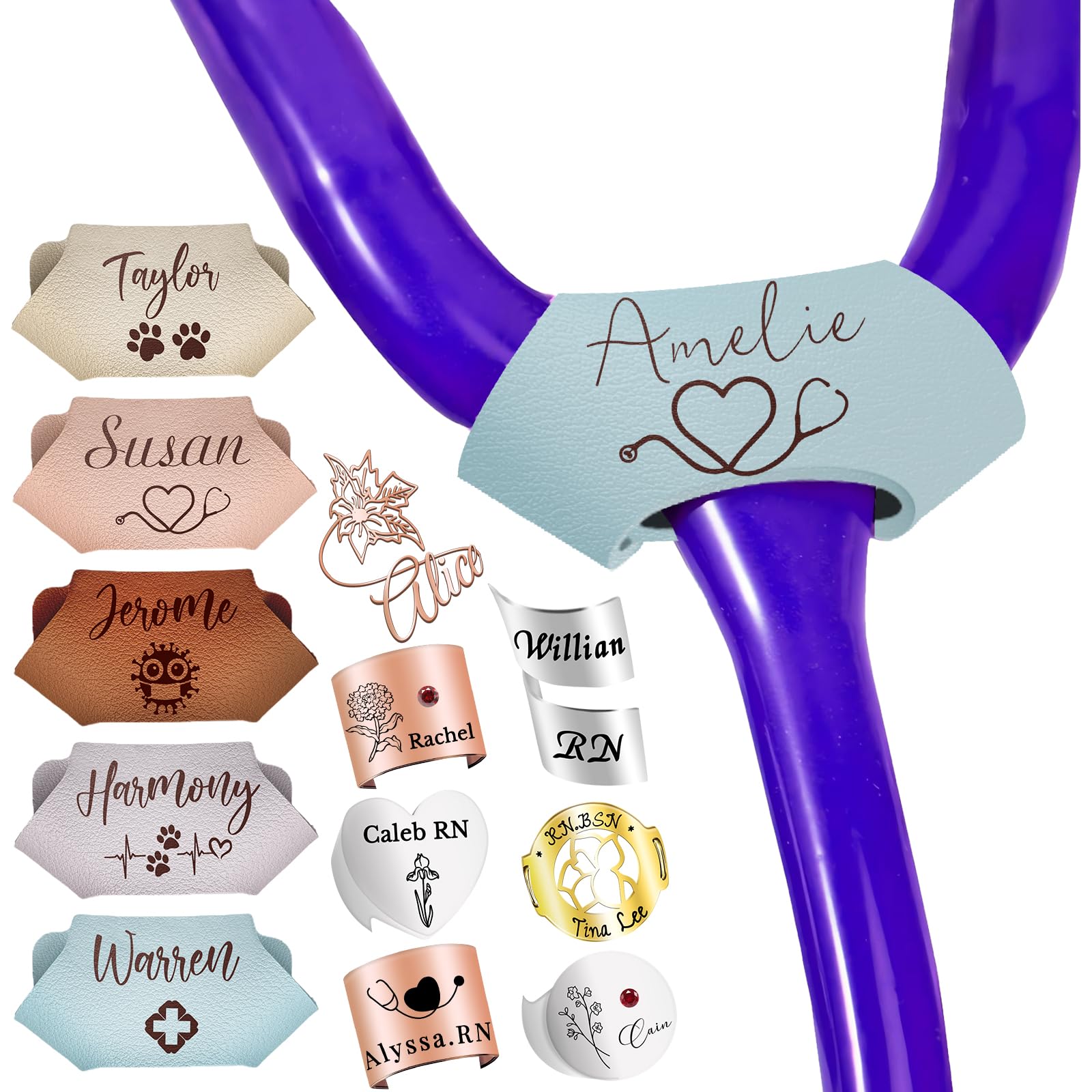 Stethoscope Name Leather Tag Personalized, Custom Stethoscope Charms with ID Tag Accessories, Engraved Name Logo,Nurses Week Gift for Nurse Doctor Medical Assistant