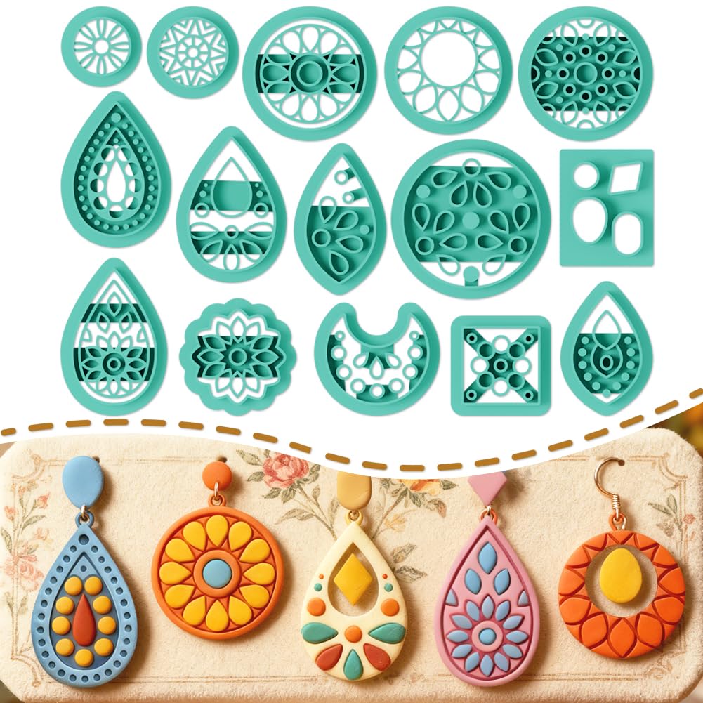 ORIGACH 15 Pcs Retro Pattern Earring Polymer Clay Cutters Set PLA Clay Earring Cutters for Earring, Necklaces, Bracelets Making Polymer Clay Molds with Storage Box