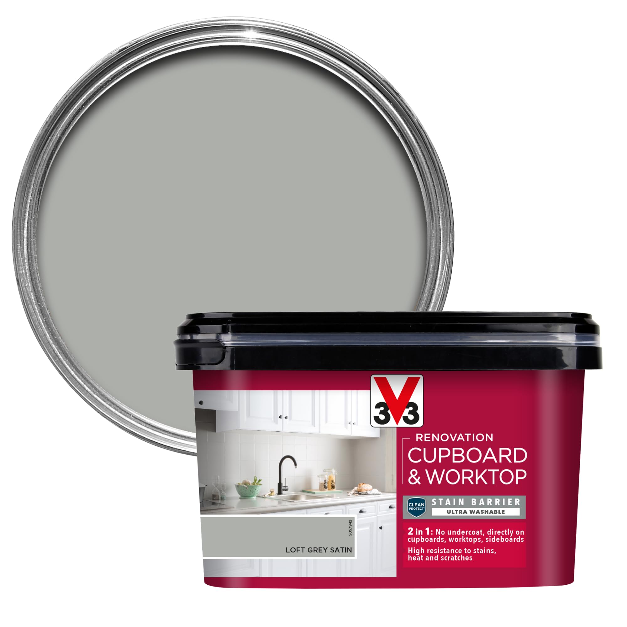 V33 Renovation Cupboard & Worktop Paint 2L - Loft Grey - Grey