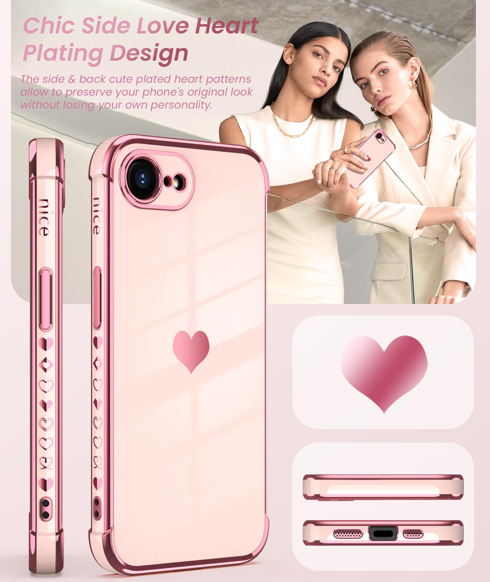 Case For IPhone 16e, Bling Glitter 3D Hearts Phone Case Cute Sparkly Crystal Clear Heart Aesthetic Design Cover Slim Soft Durable TPU Transparent Protective Cover For Women Girls - Heart - View #5