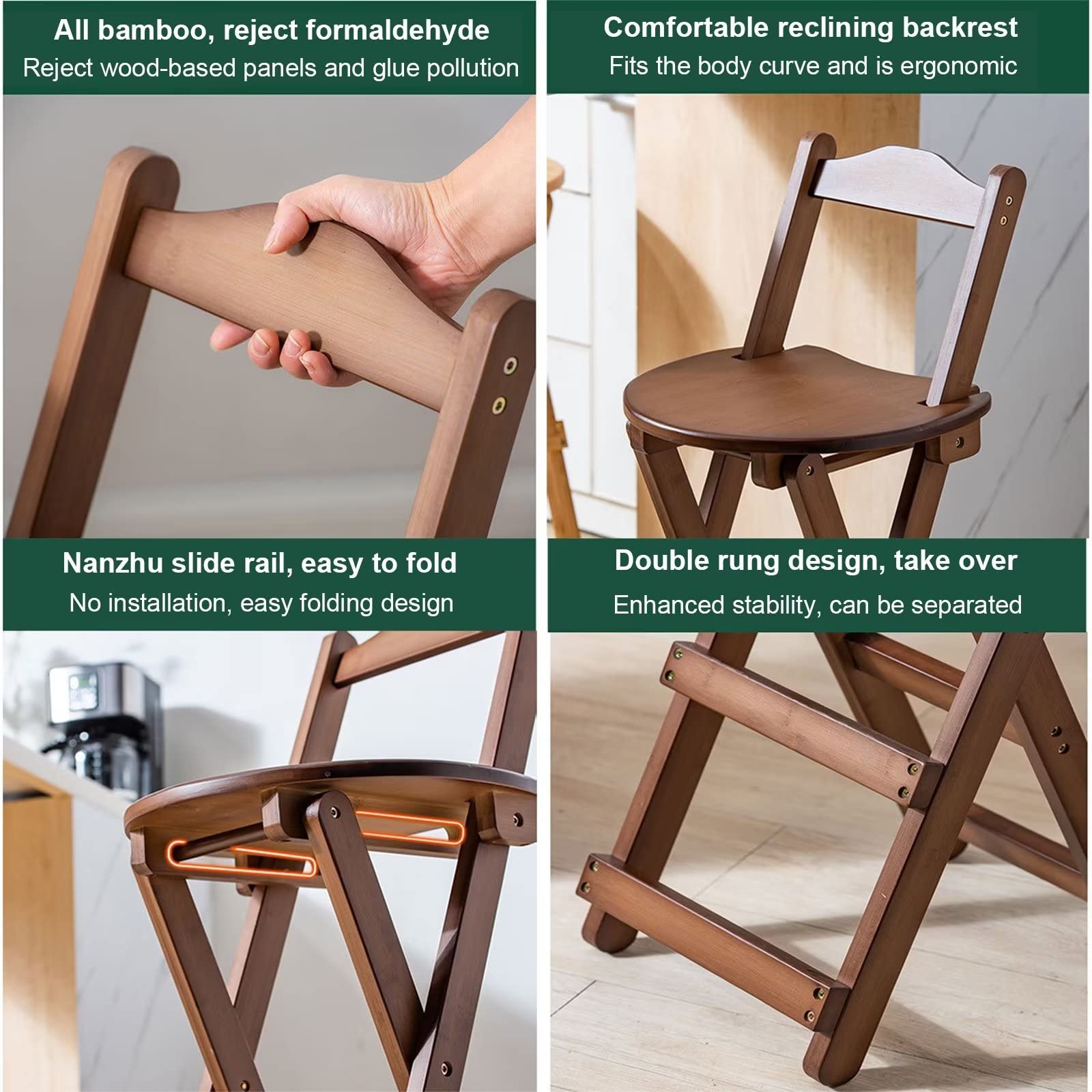 Taburete plegable con respaldo y reposapiés, taburete plegable de madera para encimera de cocina y silla de bar para el hogar, desayuno, sala de arte, acabado de nogal, 28 x 34 x 61,5 cm