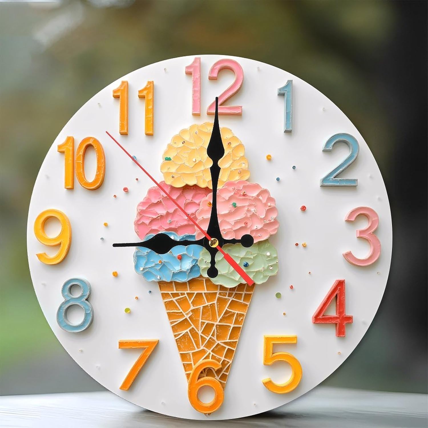 Colorful Ice Cream Cone Wall Clock Decor10-Inch Wooden Wall Clock, Silent Movement, Artistic Home Decor