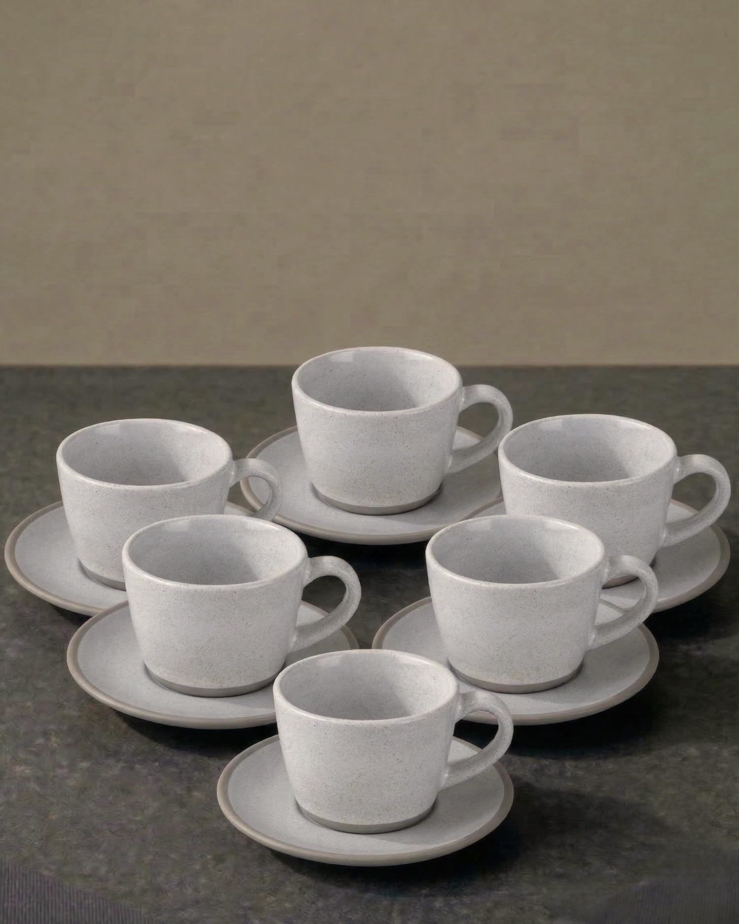 Kaffeetassen Set 12-teilig mit Untertassen, Kaffeeservice für 6 Personen | BRICARD Albi | 200 ml Keramik Hellgrau, Cappuccino Tassen, Spülmaschinen- & Mikrowellengeeignet, Geschenkset