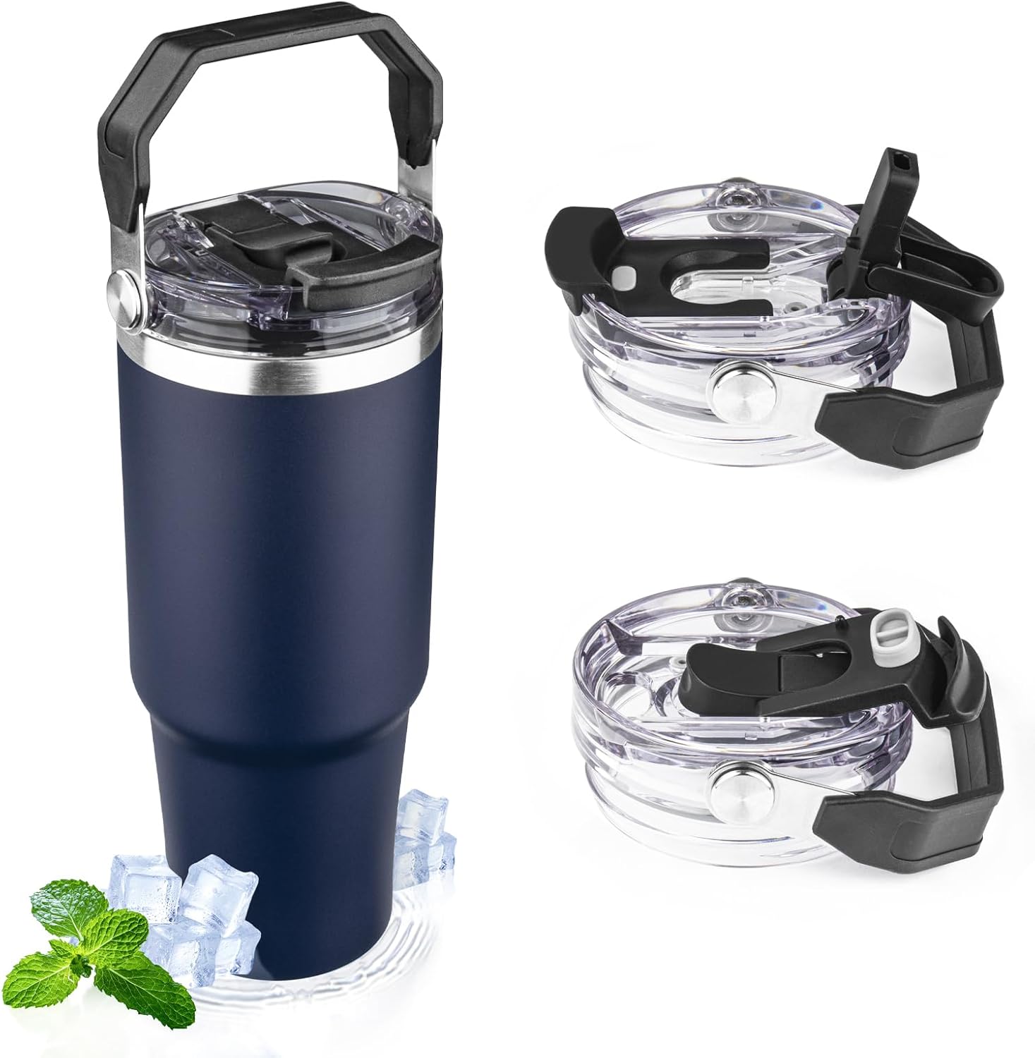 30oz Tumbler with Handle and Flip Straw Lid Double Wall Insulated Travel Coffee Mug Stainless Steel Vacuum Insulated Coffee Tumbler Cup for Hot and Cold Beverages,Leak-proof&BPA-free (30oz,Navy blue)