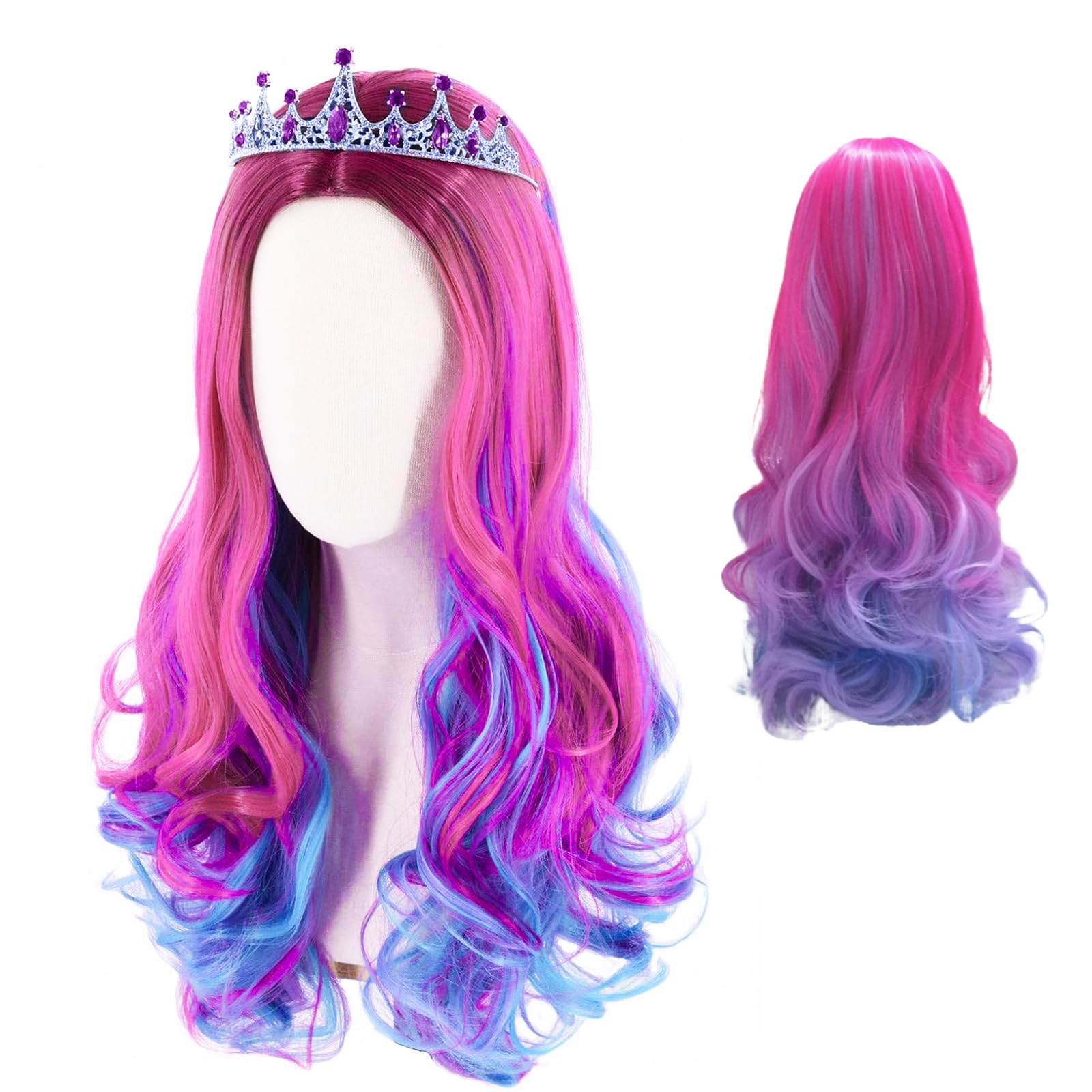 Lila Ombre Rosa Perücke 70cm für Kinder und Frauen - Lang Gewellt Gelockt mit Mittelscheitel für Cosplay Anime Kostüm Karneval Maskerade