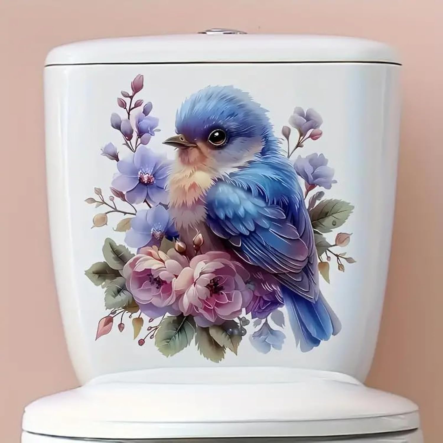 Tolovis Color Cute Little Bird Flowers Toilet Cover Sticker Decals,Flower Leaf Bird Waterproof Toilet Lid Tank Seat Decals Cistern Self-Adhesive Bathroom Wall Sticker