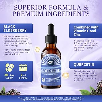 B BEWORTHS Elderberry Syrup Black Elderberry Drops with Ginseng, Quercetin, Panax Ginseng, Vitamin C and Zinc, Sambucus Liquid, Vegan