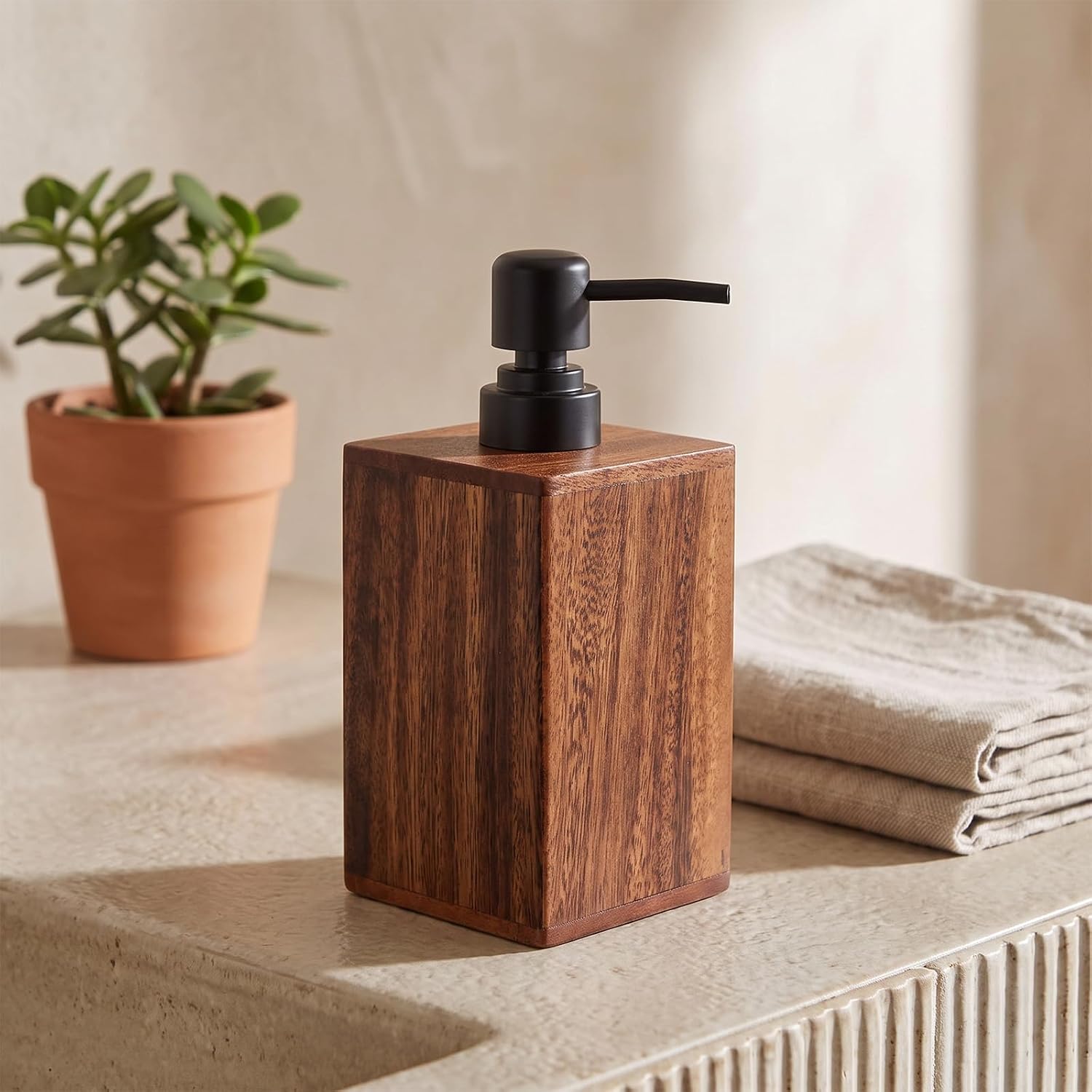 2-Pack Solid Wood Soap Dispenser, 14oz Refillable Lotion Pump Bottle Rustic