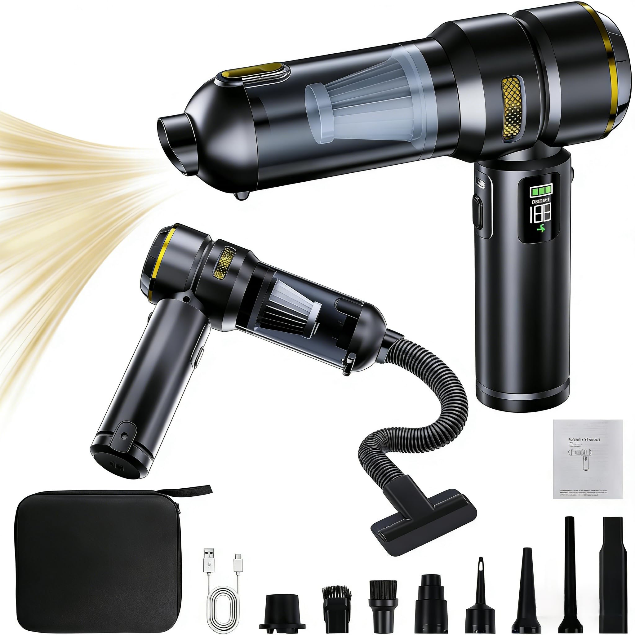 HOVIN Handheld Vacuum Cleaner, 24000PA Powerful Cordless Car Vacuum Cleaner, 220000 RPM Brushless Motor, 3 Power Settings for Kitchen, Car, Home, Pet Hair (Black and Gold)-image-2