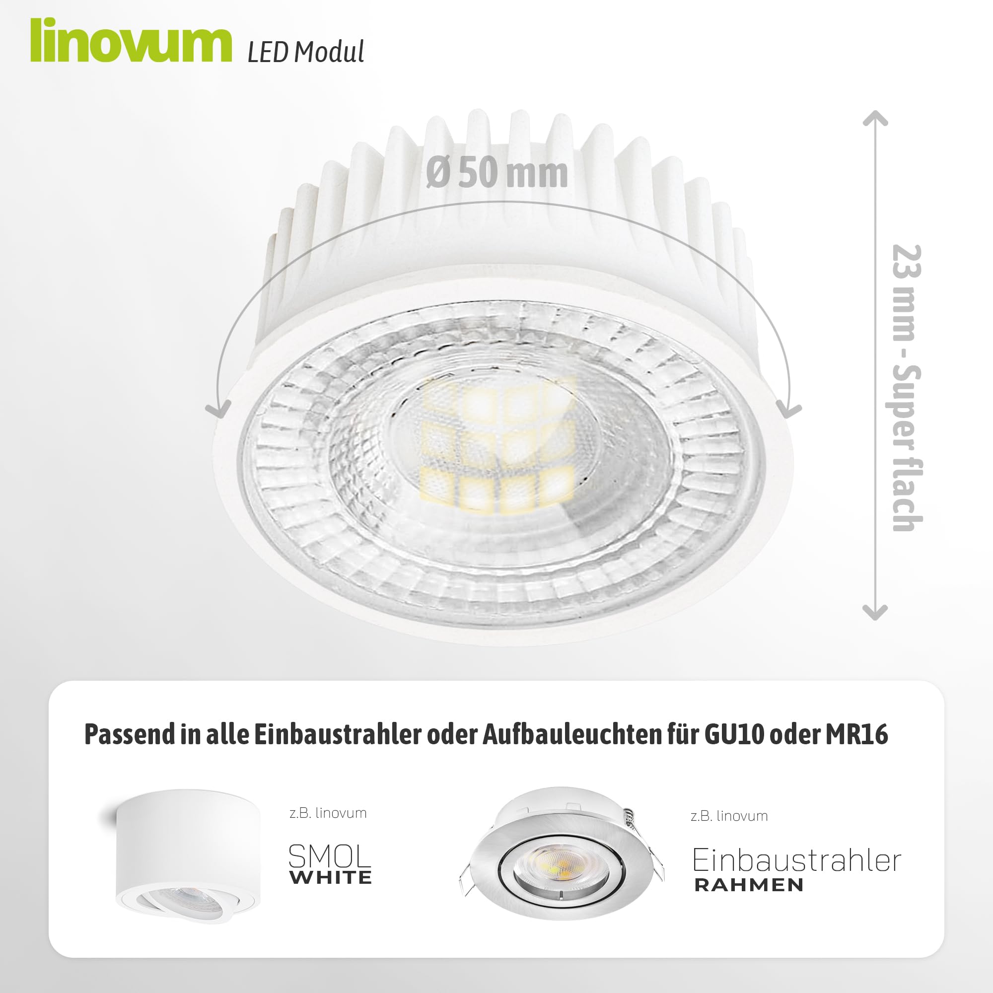linovum LED Modul 230V warmweiß 3000K ultraflacher Ersatz für GU10 & MR16 Höhe 23mm - LED-Leuchtmittel Ø 50mm 2W Spot Licht