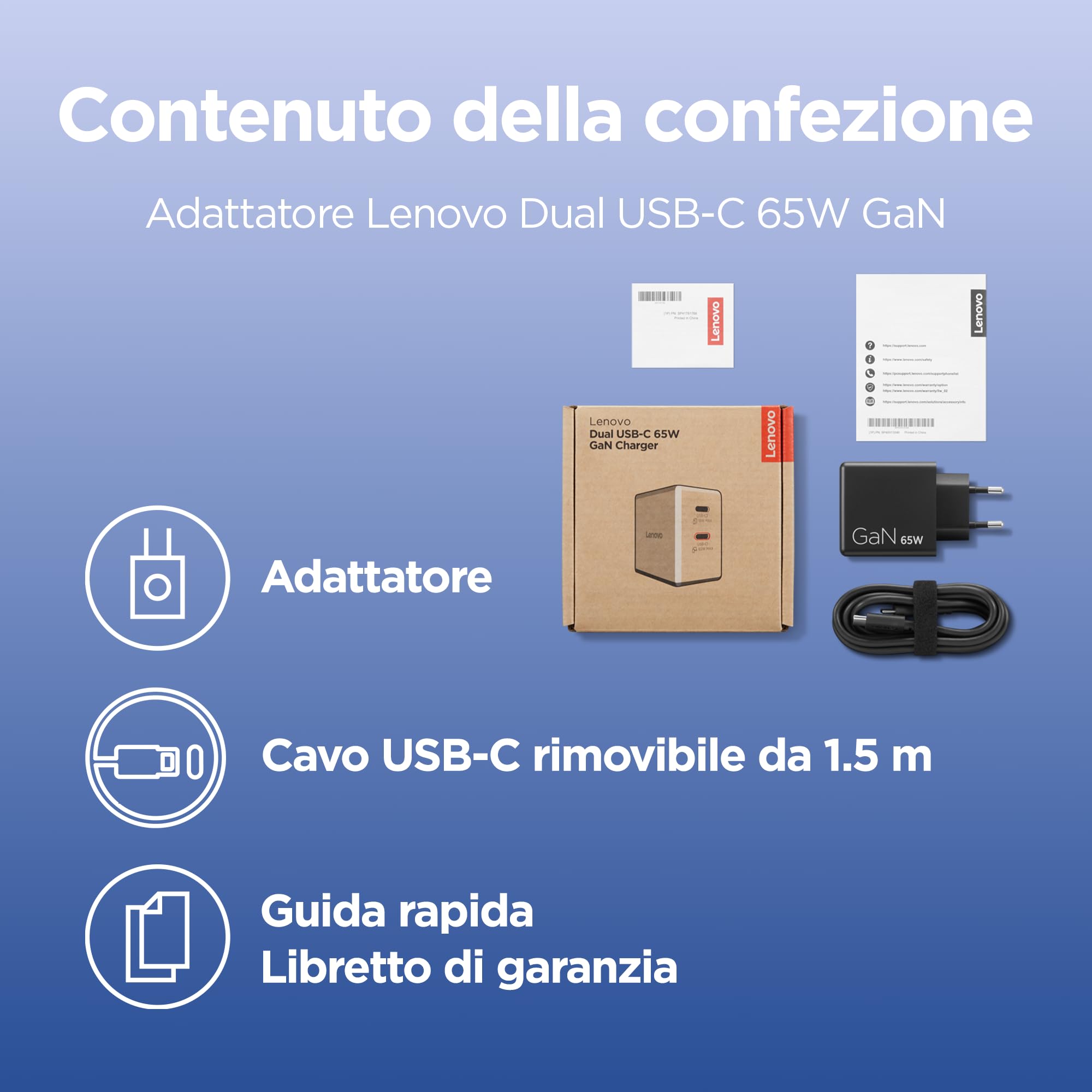 Lenovo Dual USB-C 65W GaN Charger - EU, 2 porte USB-C con split 45W+18W, caricatore compatto per notebook e dispositivi USB-C