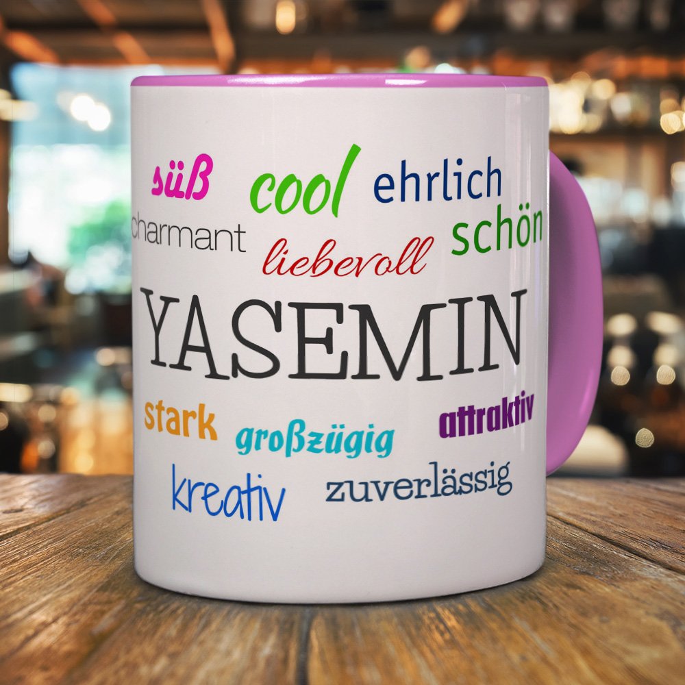 Personalisiert: Kaffeetasse Mit Namen Yasemin & Positiven Eigenschaften Als Tagcloud – Spülmaschinenfest, 325ml, Schwarzes Design