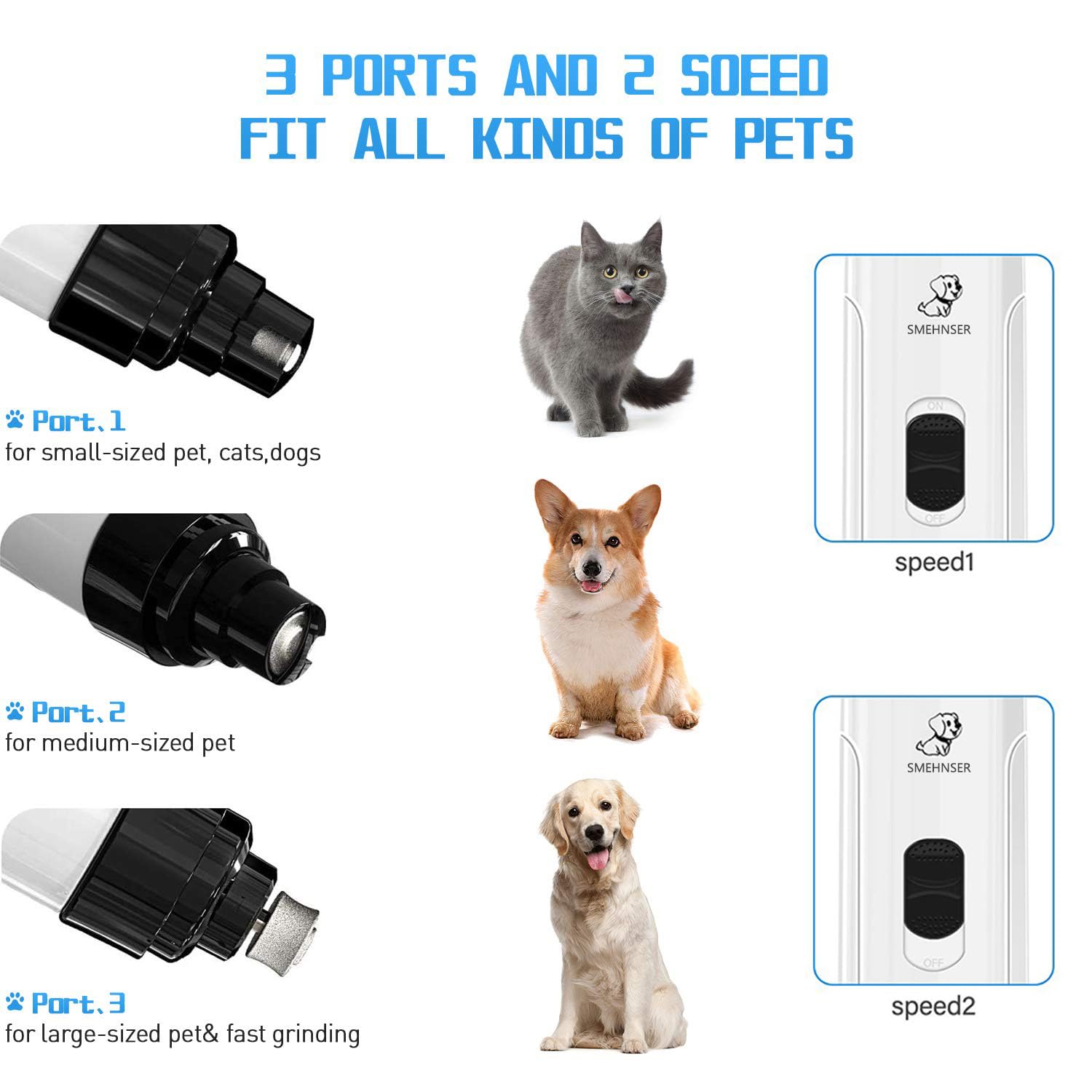 Heusom Silent Groom Pro Nail Grinder For Dogs & Cats - Cordless, 3 Speeds, LED Light, 2000mAh Rechargeable (Includes 2 Grinding Heads)