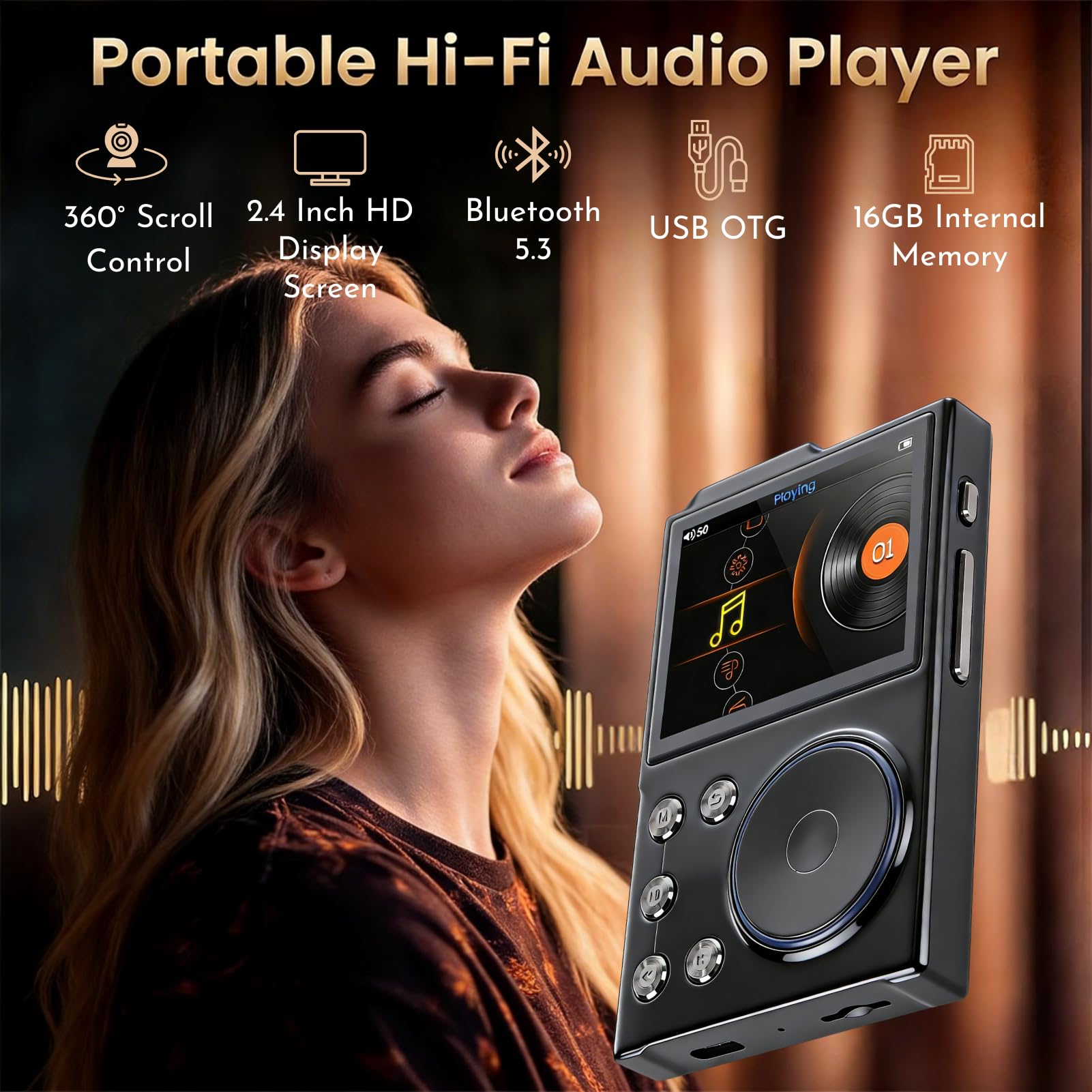 MP3 Player Bluetooth 5.3 HiFi DSD DAC Hi -Res FLAC Música Digital Player 2.4 Pulgadas Pantalla HD con una Tarjeta de Memoria de 16 GB Admite hasta 256 GB