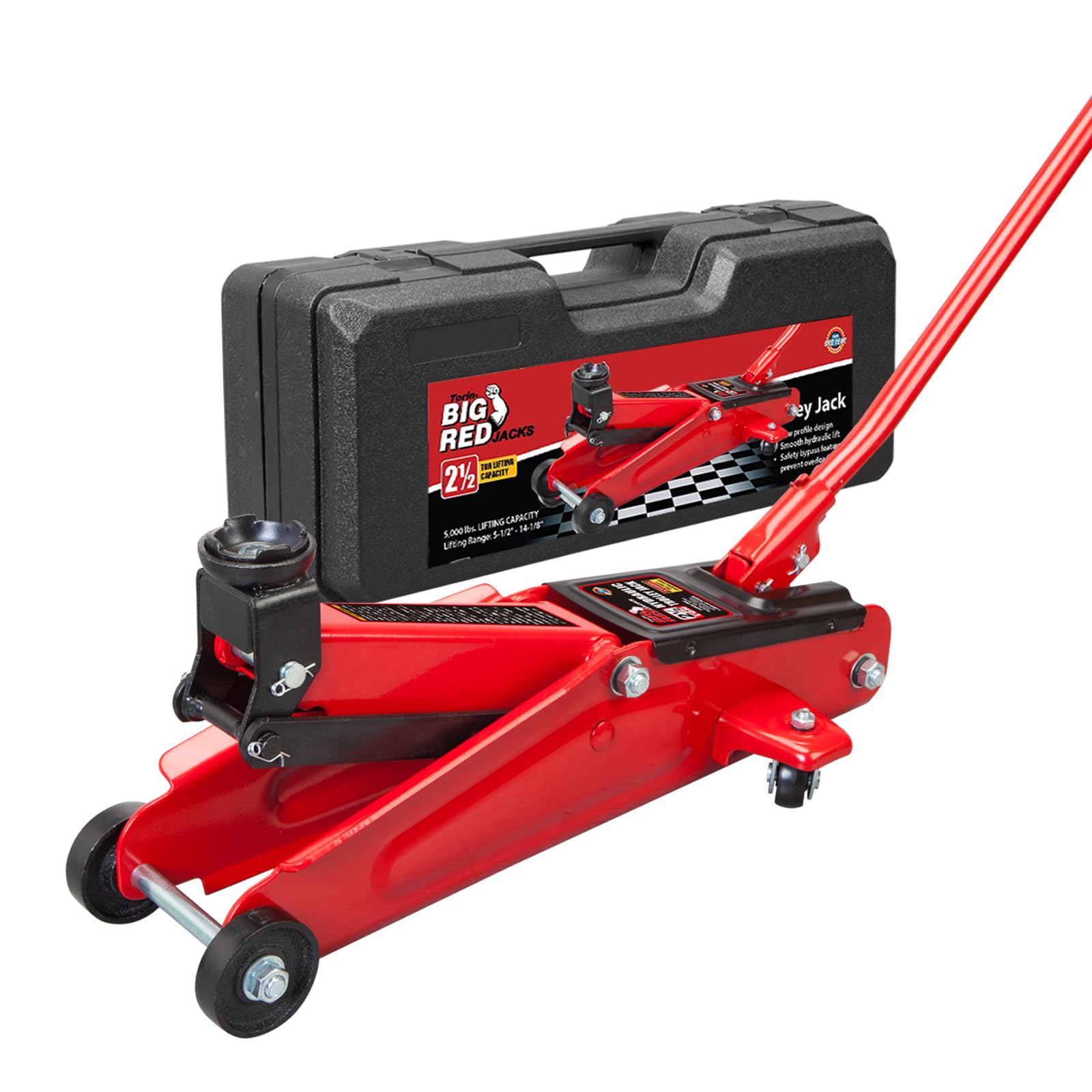 BIG RED Low Profile Hydraulic Trolley Floor Service/Floor Jack with Blow Mold Carrying Storage Case, 2.5 Ton (5,000 lb) Capacity, Lifting Range 5.6"-13", Red