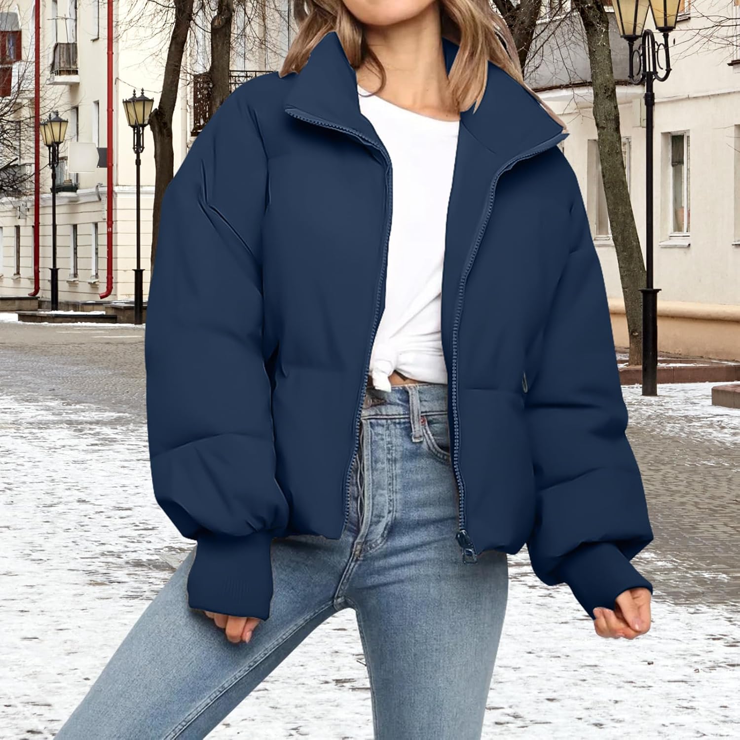 Women’s Winter Cropped Puffer Jacket Coat Casual Quilted Baggy Long Sleeve Zip Down Jackets Outerwear