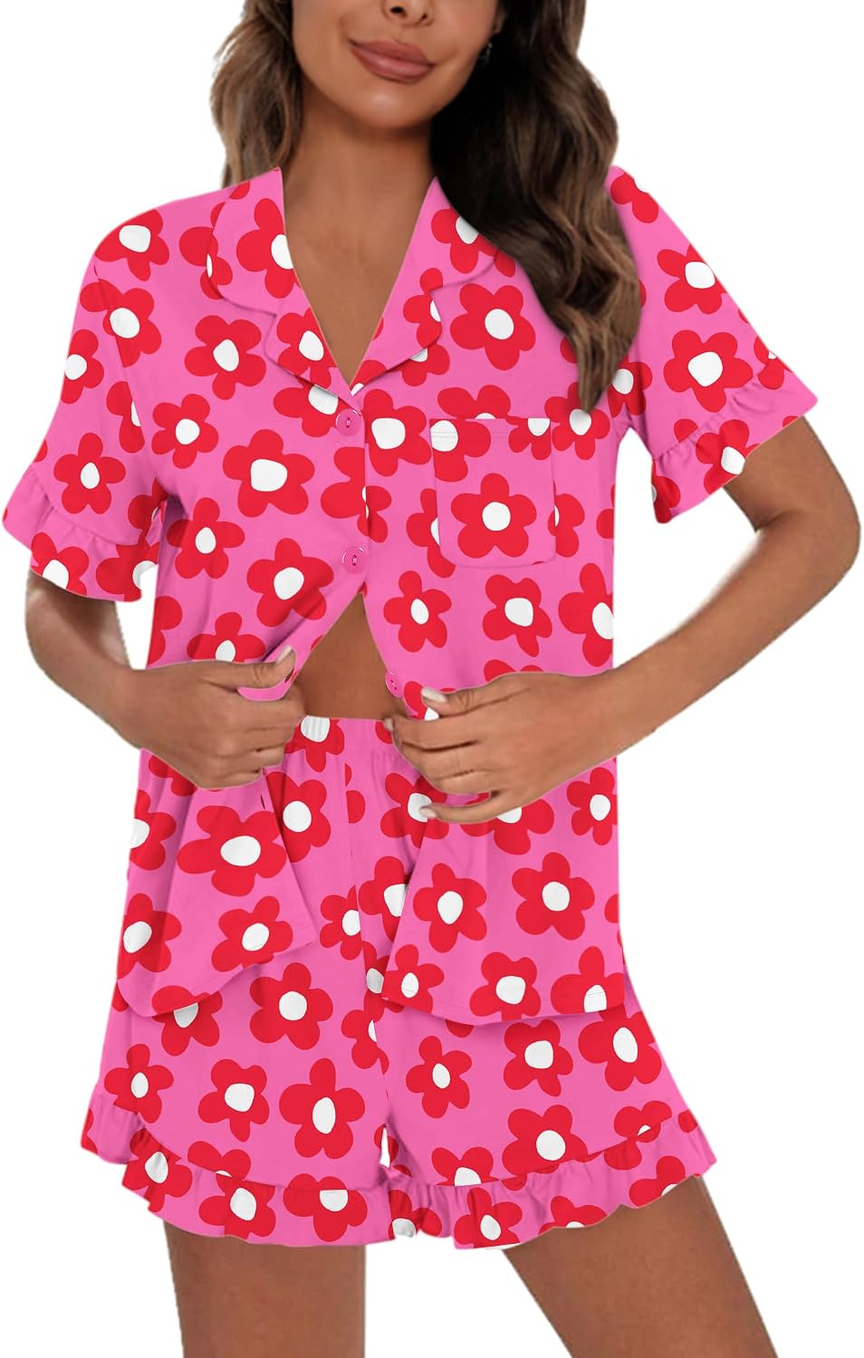 SWOMOG Woman Pajama Set Short Sleeve Pjs Set 2Pcs Short Pajamas Button Down Ruffle Hem Sleepwear Soft Modal Loungewear