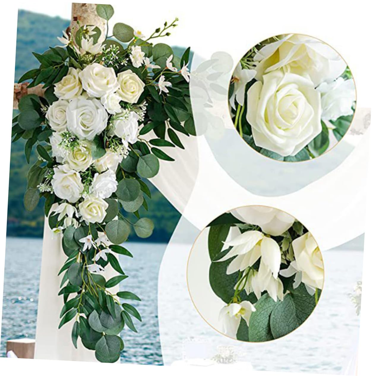VALICLUD Künstlicher Blumenbogen für Hochzeit, 1 Satz Weiße Kunstblumen | Seidenblüten mit Tüll, Natürlicher Look, für Innenbereich und Tischmitte, Romantische Hochzeitsdeko