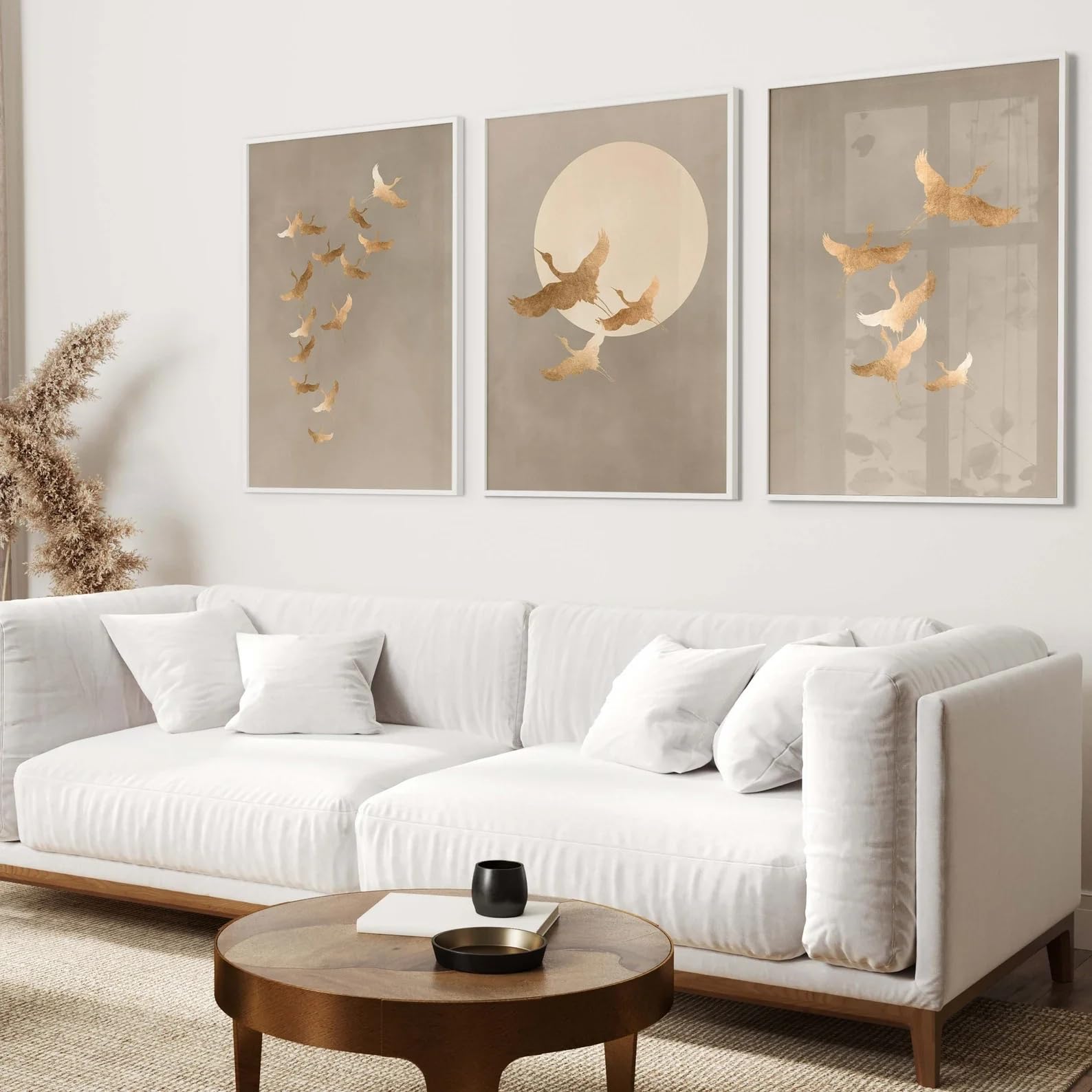 LTjiajuypd Gold Cranes Japanese Wall Art Beige Neutral Poster Japandi Birds Art Living Room Decor Canvas Paintings for Room Decor(40x55cm-3Pcs)