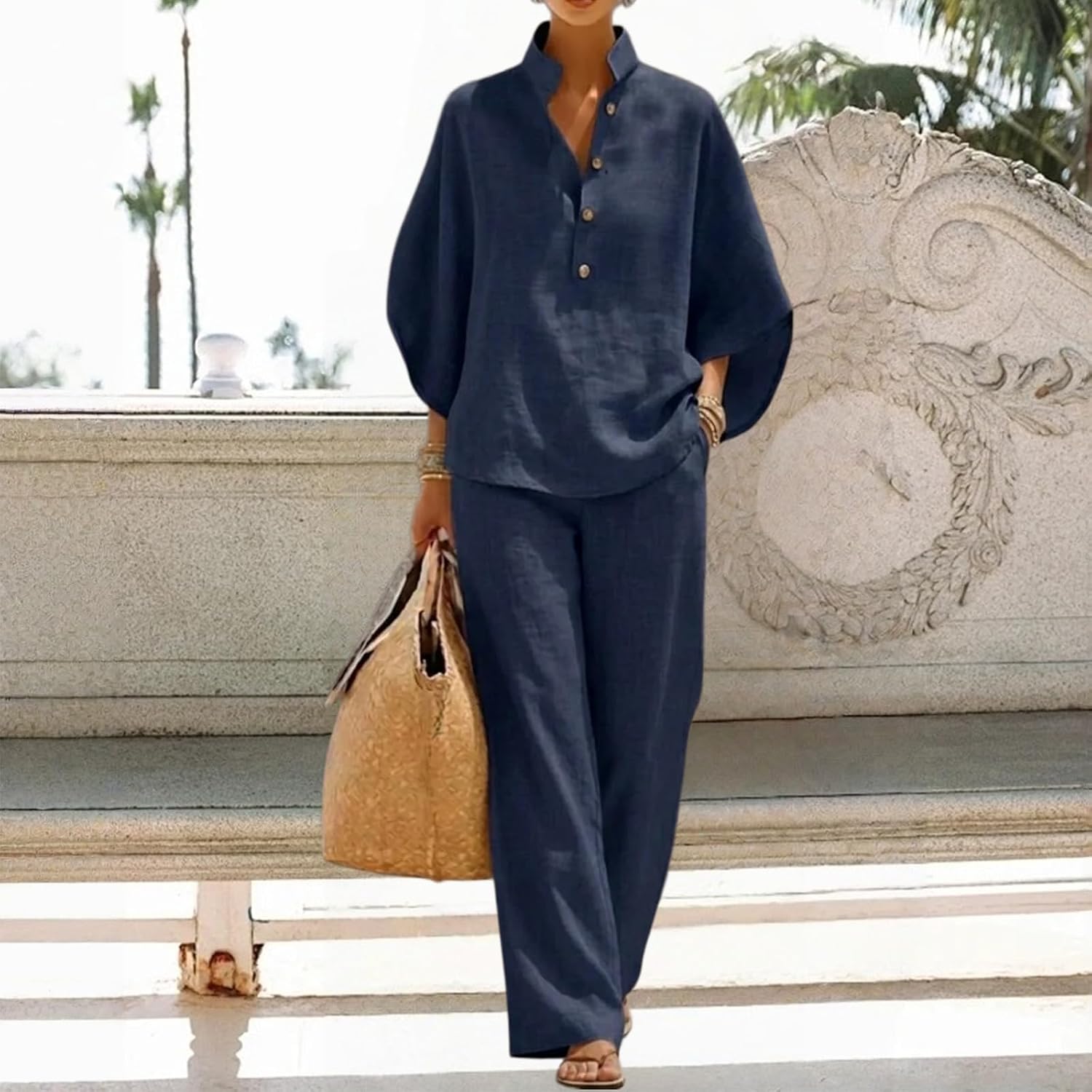 Linen Sets for Women 2 Piece Pantsuit Long Sleeve Button Shirt Breathable Wide Leg Cotton Pants Beach Travel Sets