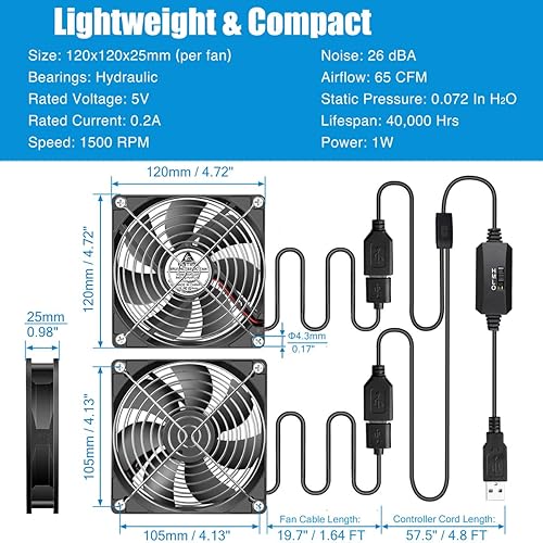 Vista 62 de GDSTIME Paquete de 2 ventiladores USB silenciosos de 1.575 pulgadas con 3 controles de velocidad, mini ventilador de carcasa de computadora sin