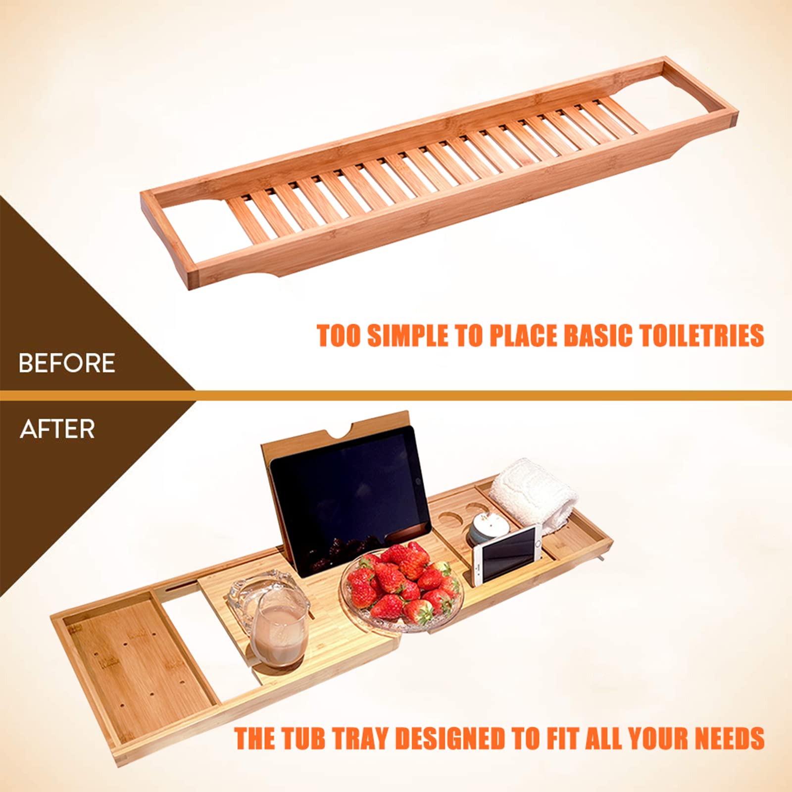 Bandejas de bambú para bañera, Bandeja Extensible para bañera de bambú de 37,4 Pulgadas con Soportes para Libros de tabletas y teléfonos Inteligentes, Bandeja y Soporte para Copas de Vino