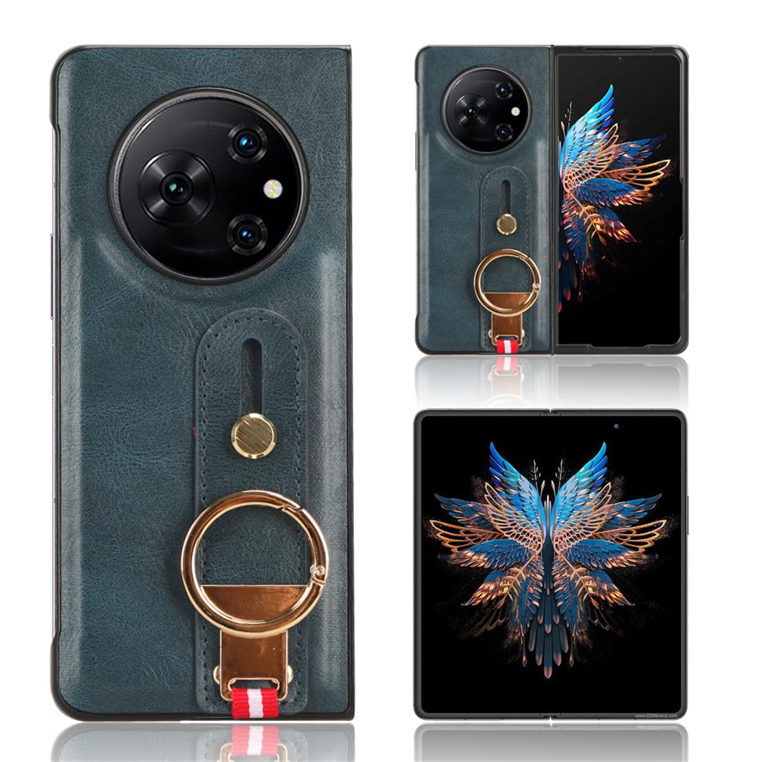 Cover for Tecno Phantom V Fold Case with Ring, Wrist Strap + Viewing Stand, Stereo All-inclusive lens protection, PU Leather Cases for Tecno Phantom V Fold-Blue