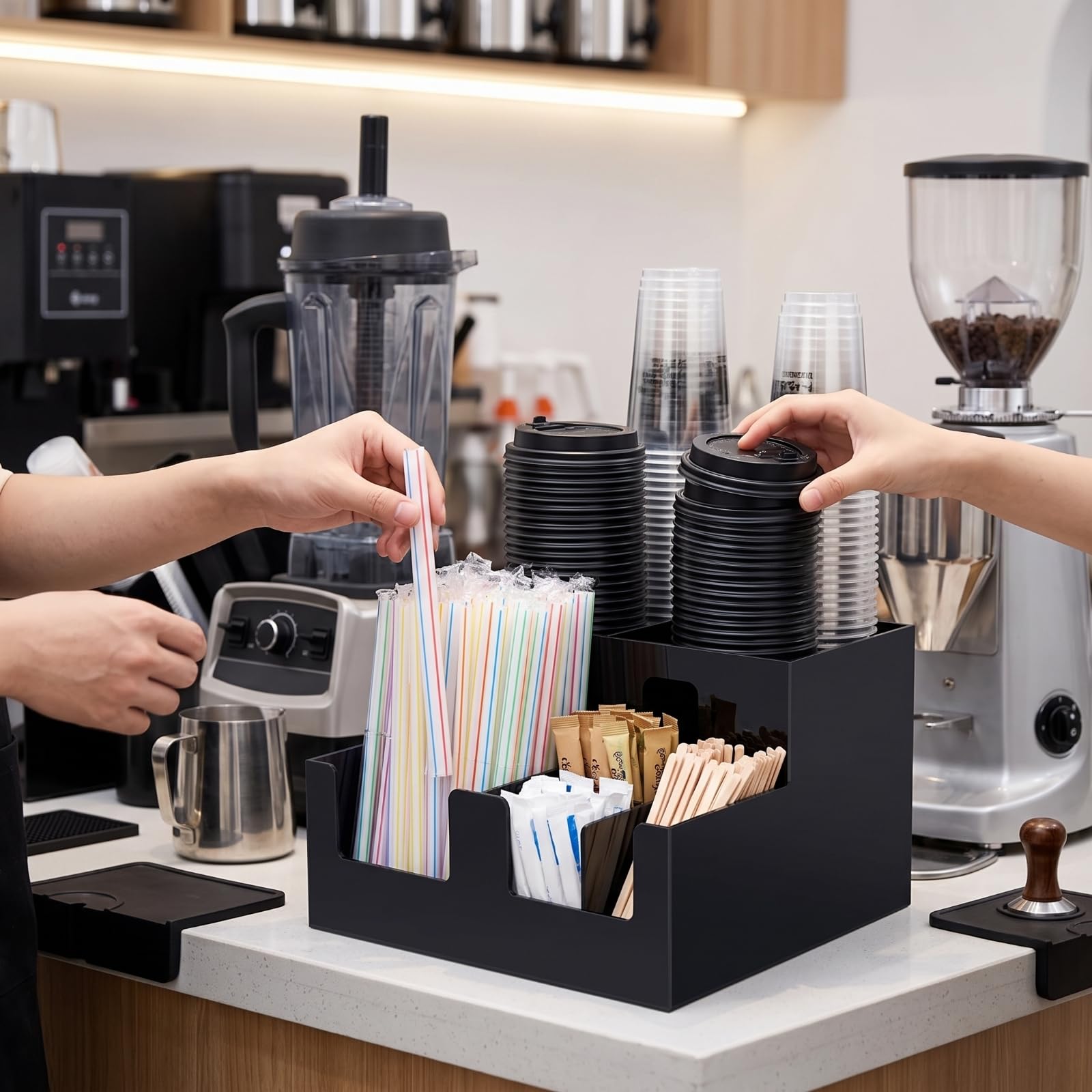 Ronyme Ripiano Portatazze in Acrilico con Spazi per Forniture da Bar E Coperchi con Finitura a Specchio Adatto per Hotel Riunioni, Nero