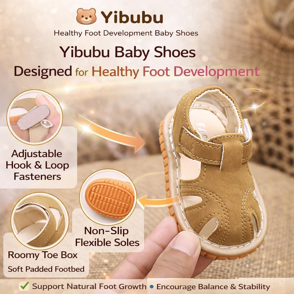 Baby Squeaky Sandals, Closed Toe Baby Squeaker Shoes with Hook-and-Loop Strap, Breathable PU Upper, Wide Toe Box, Soft Flexible Non-Slip Sole Toddler First Walker for Boys Girls