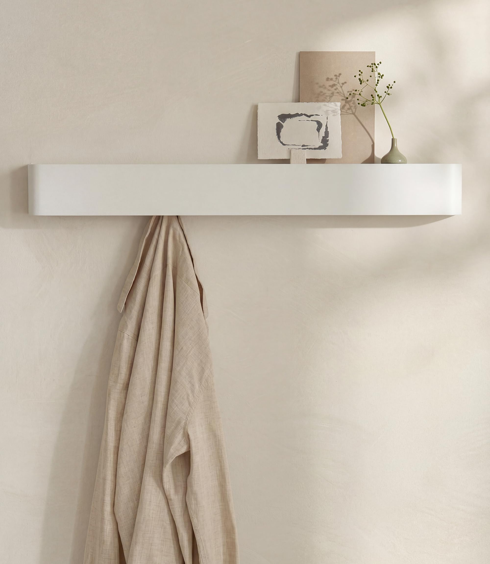 Kazai. Coat Hook | Modern Coat Rack with Hidden Coat Hooks and Shelf | Design Coat Rack Made of Metal | Clothes Rail Wall Mounted | White