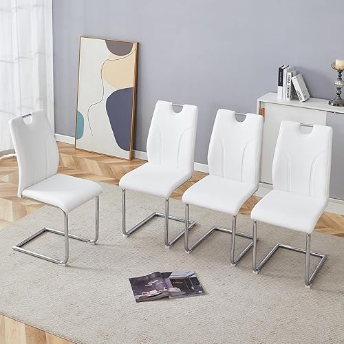 Juego de 2 sillas de comedor modernas de poliuretano blanco con patas de metal plateado, asientos ergonómicos para oficina y restaurante, capacidad